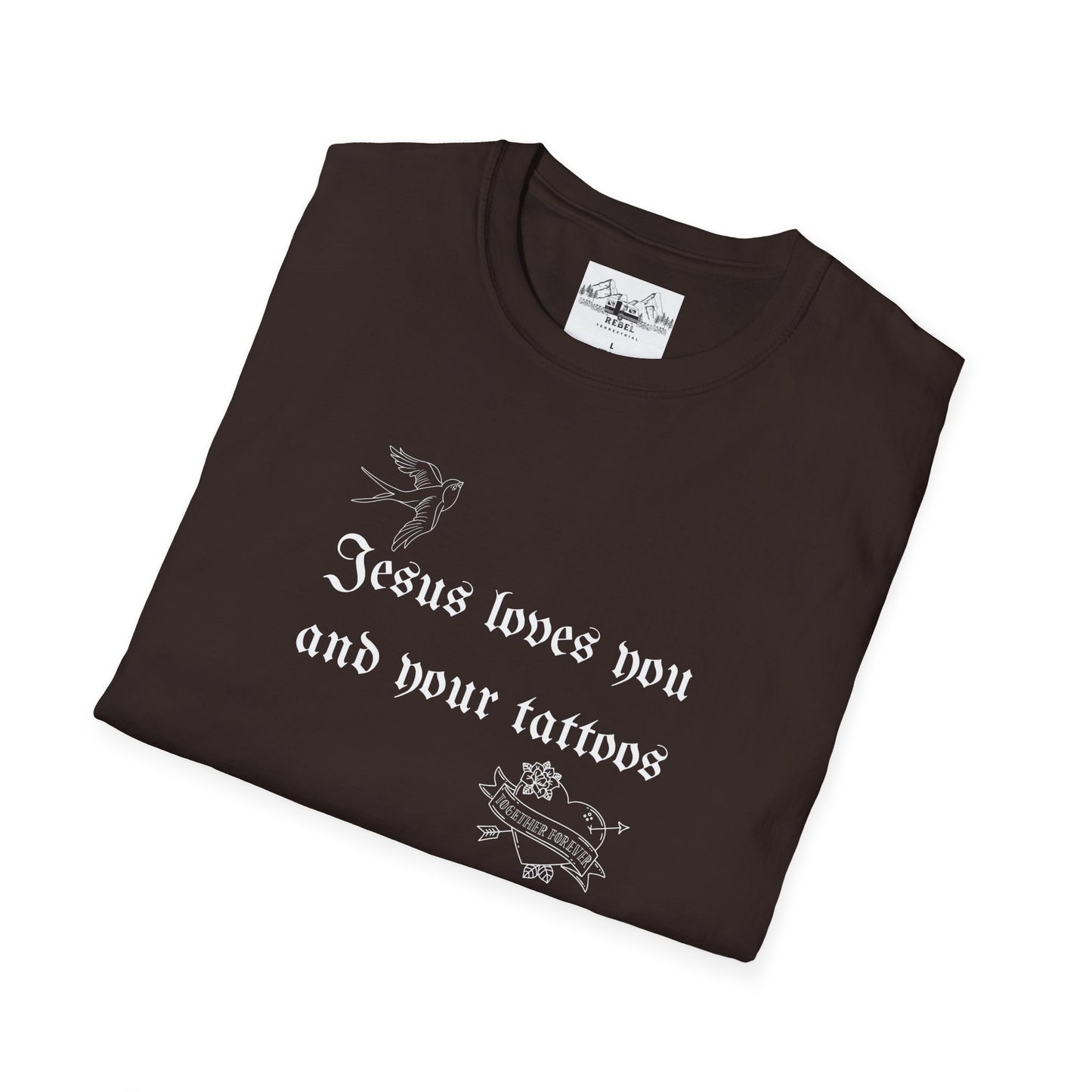 Jesus Loves You and Your Tattoos – Tattoo Dove & Heart T-Shirt