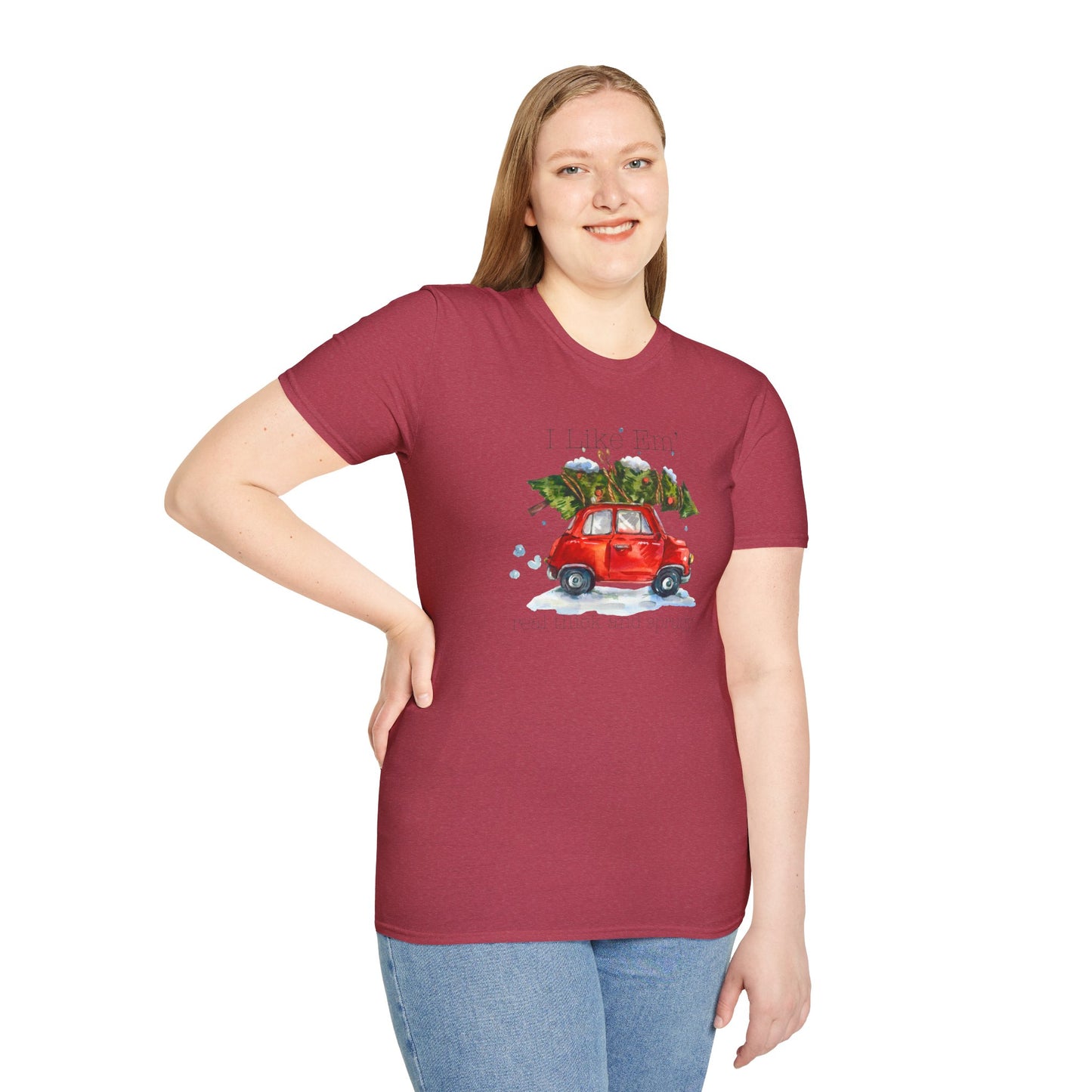 I Like 'Em Real Thick and Sprucy T-Shirt | Watercolor Retro Car & Tree