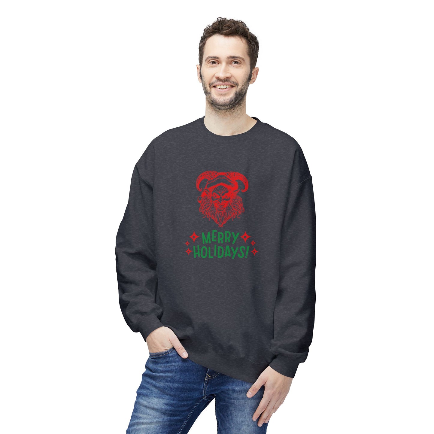 Smiling Krampus "Merry Holidays" Midweight Crewneck Sweatshirt | Cozy Fleece