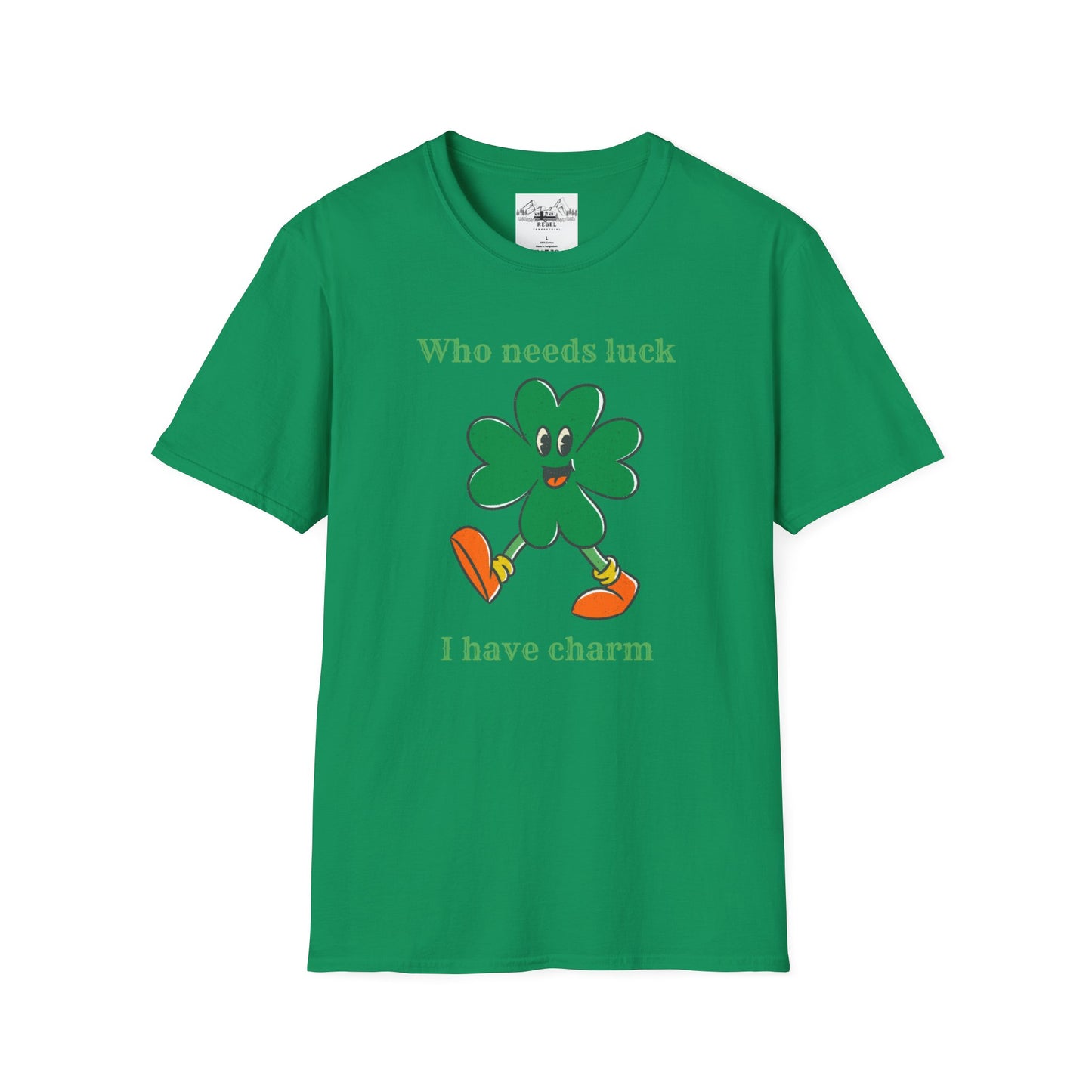 "Who Needs Luck" Graphic Tee – Cheerful Shamrock Character