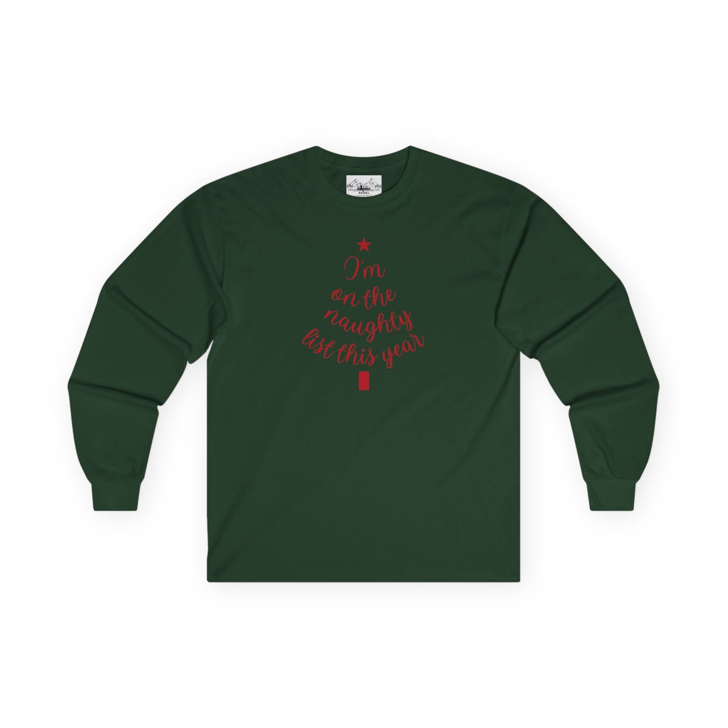 "I'm on the Naughty List This Year" Vintage Long Sleeve Tee | Cozy Tree Script