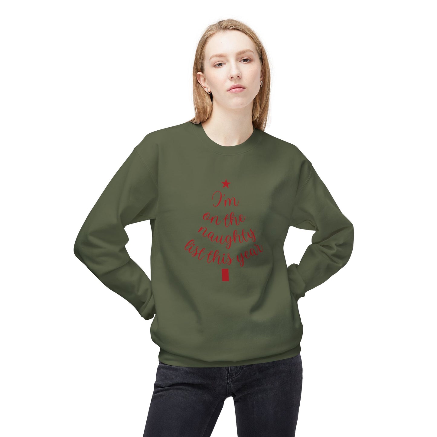 "Naughty List This Year" — Minimalist Tree Script Cozy Crewneck Sweatshirt