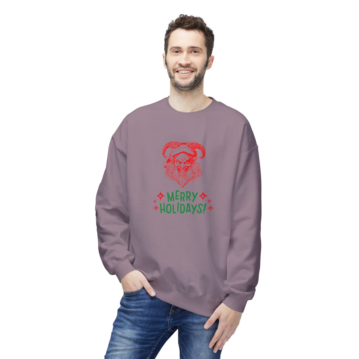 Smiling Krampus "Merry Holidays" Midweight Crewneck Sweatshirt | Cozy Fleece