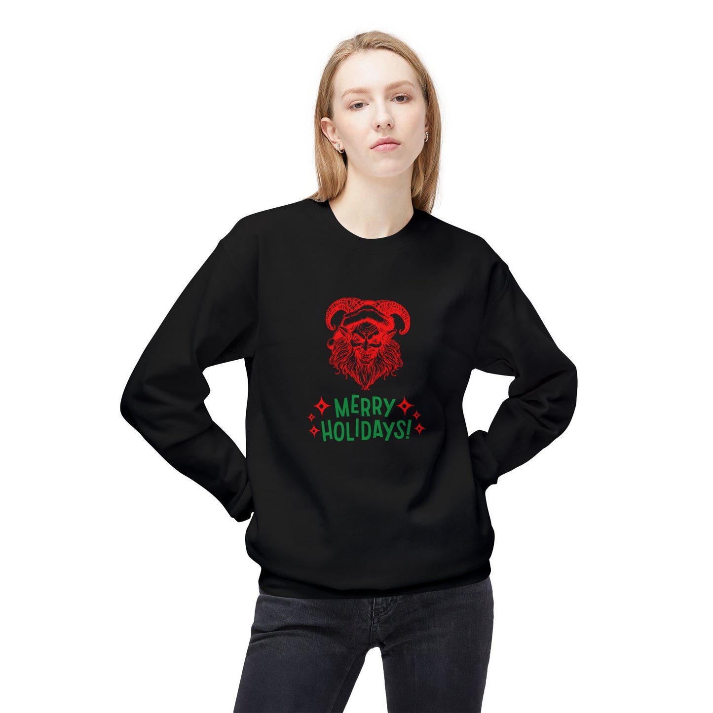 Smiling Krampus "Merry Holidays" Midweight Crewneck Sweatshirt | Cozy Fleece