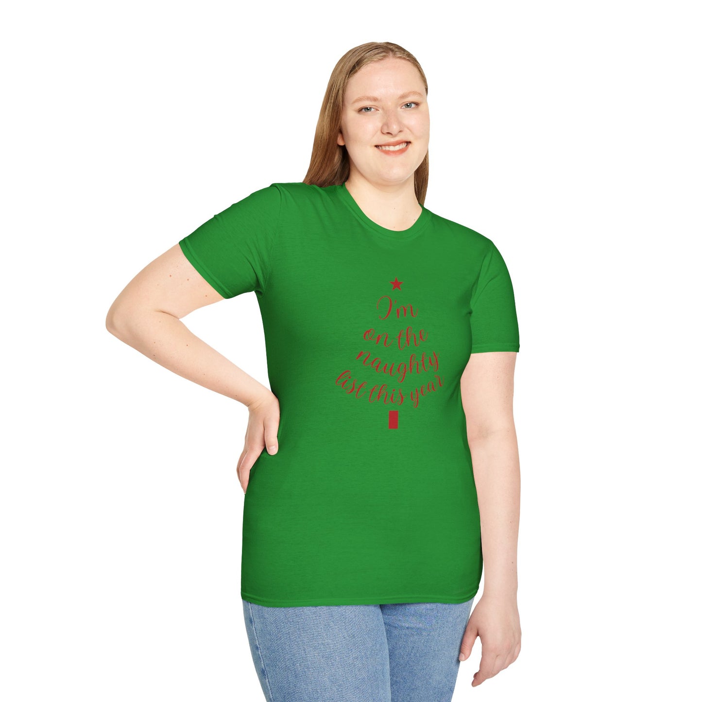 "I'm on the Naughty List This Year" — Subtle Tree-Shaped Script T-Shirt