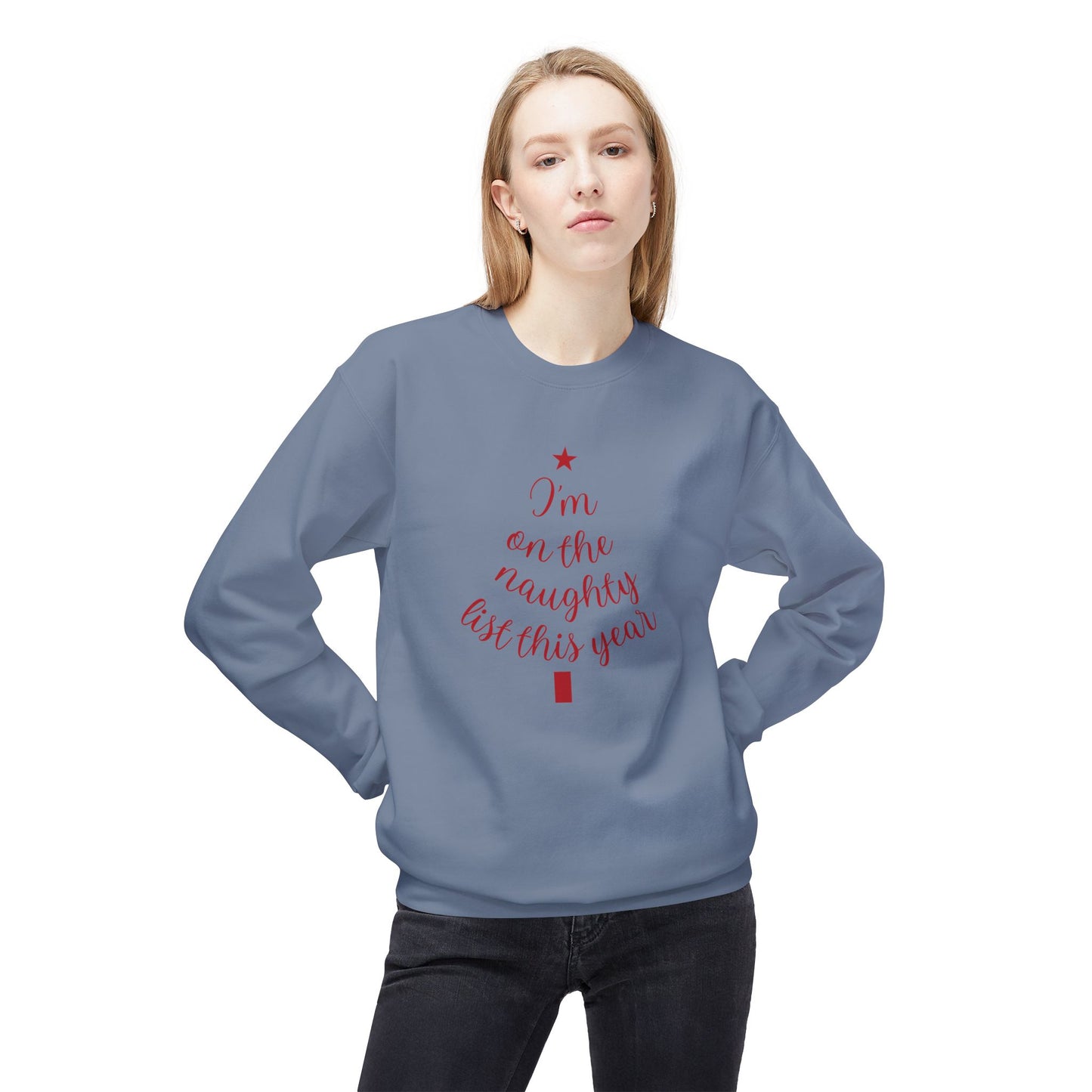 "Naughty List This Year" — Minimalist Tree Script Cozy Crewneck Sweatshirt