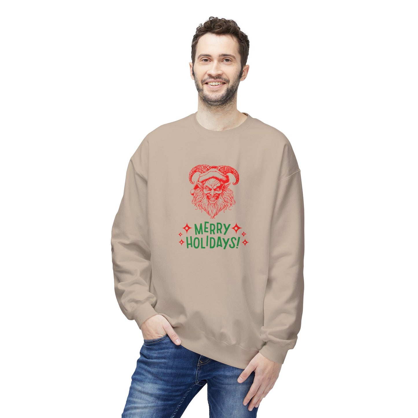 Smiling Krampus "Merry Holidays" Midweight Crewneck Sweatshirt | Cozy Fleece