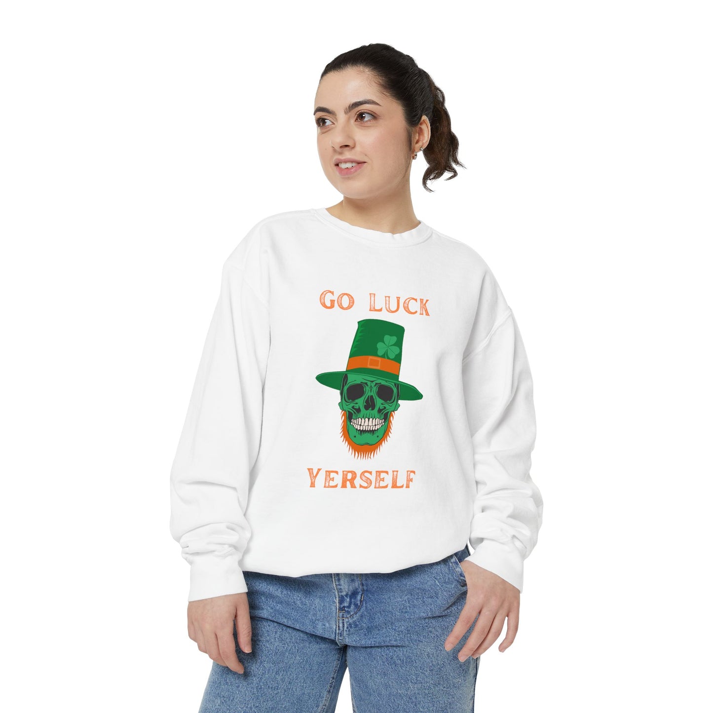"Go Luck Yerself" Relaxed Fit Sweatshirt – Vintage Emerald Skull