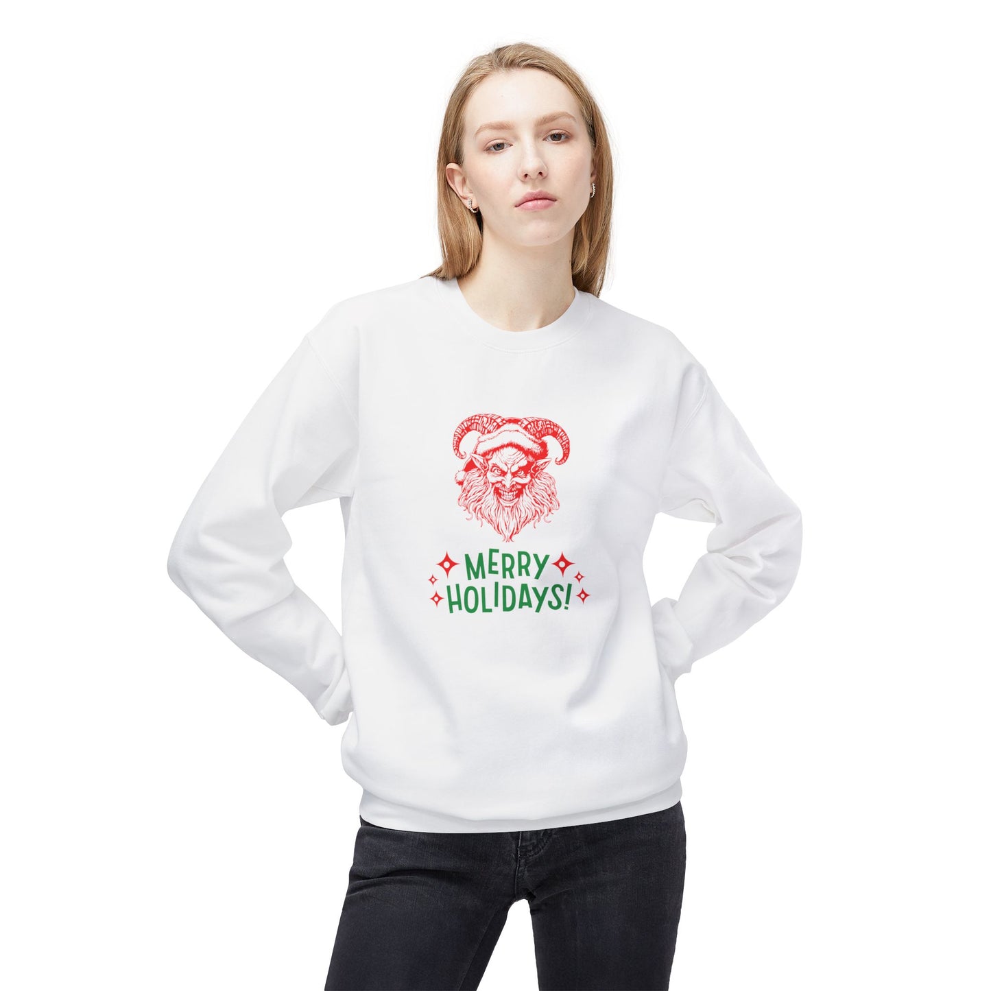Smiling Krampus "Merry Holidays" Midweight Crewneck Sweatshirt | Cozy Fleece
