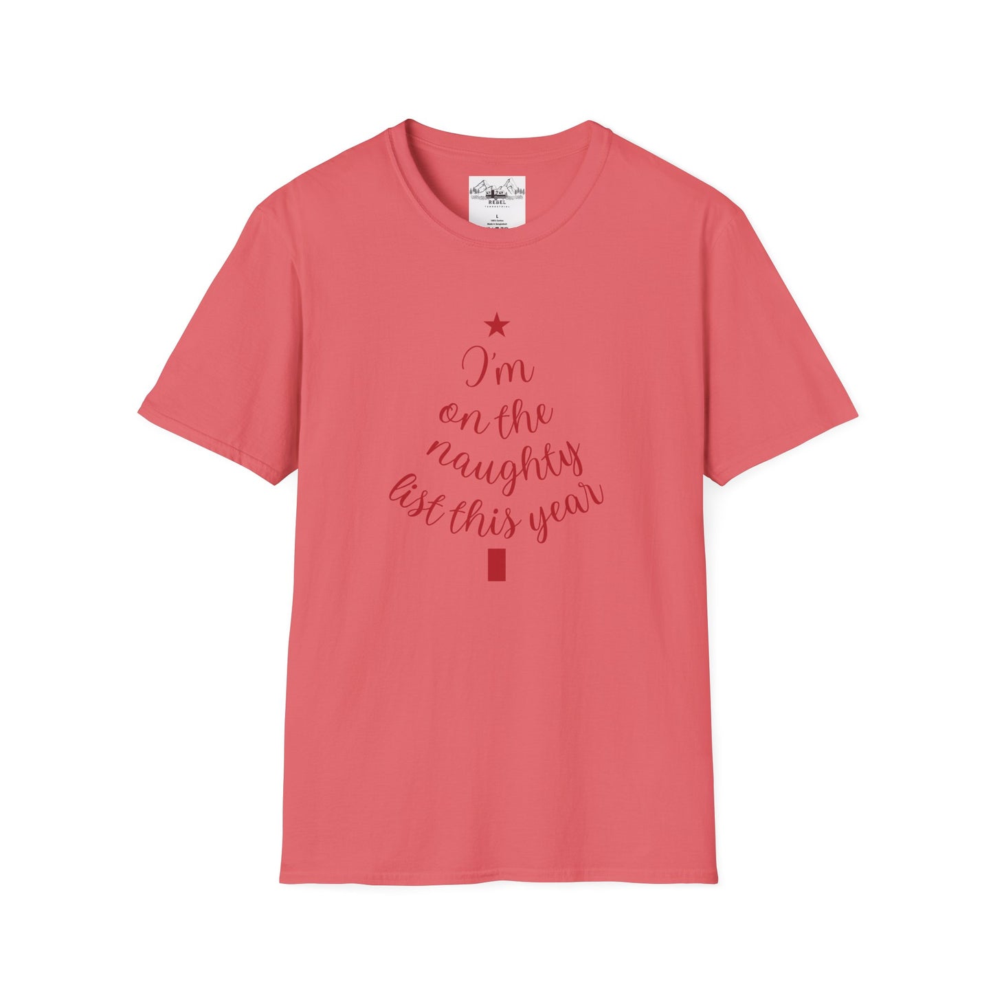 "I'm on the Naughty List This Year" — Subtle Tree-Shaped Script T-Shirt