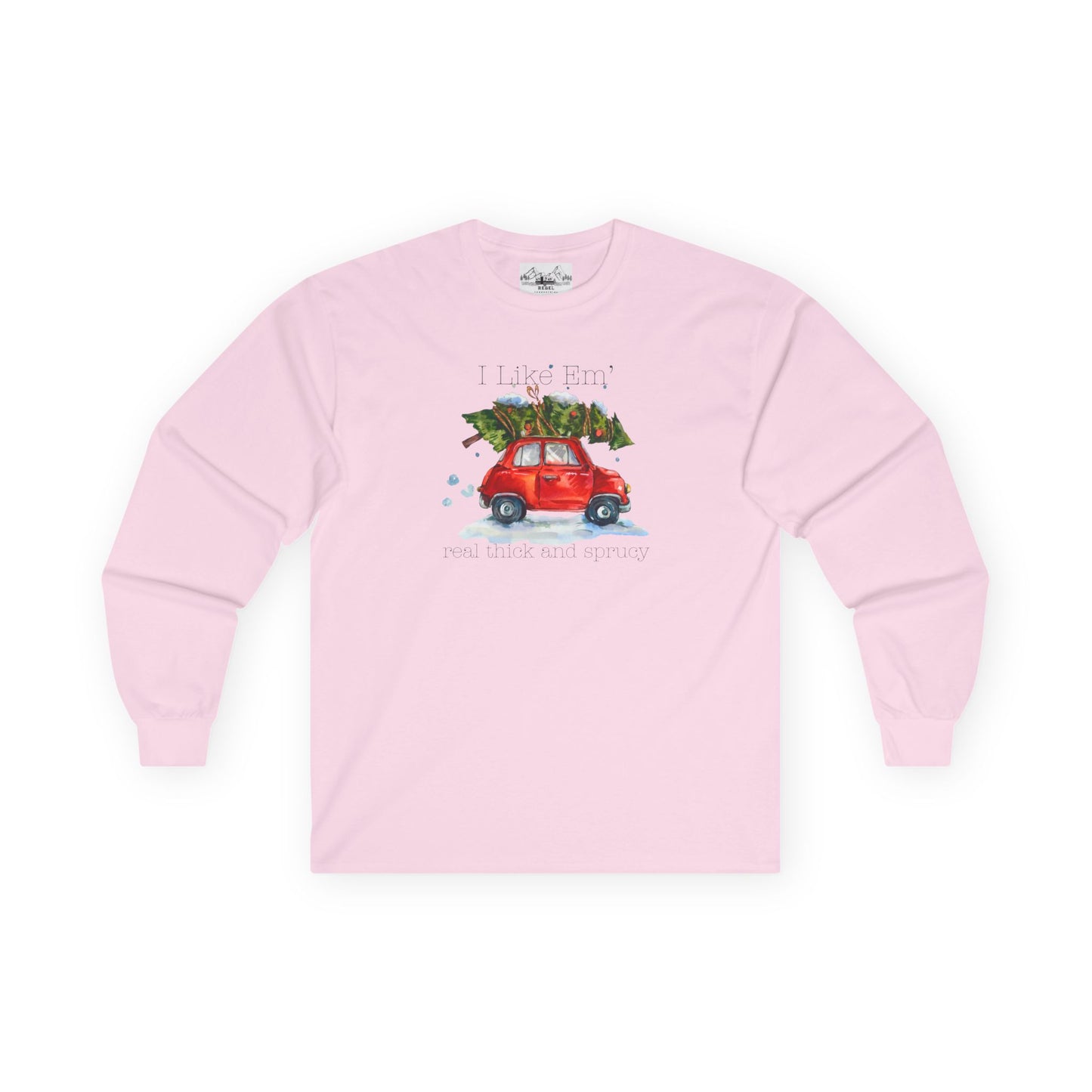 I Like 'Em Real Thick and Sprucy Ultra Cotton Long Sleeve Tee | Watercolor Retro Car & Tree