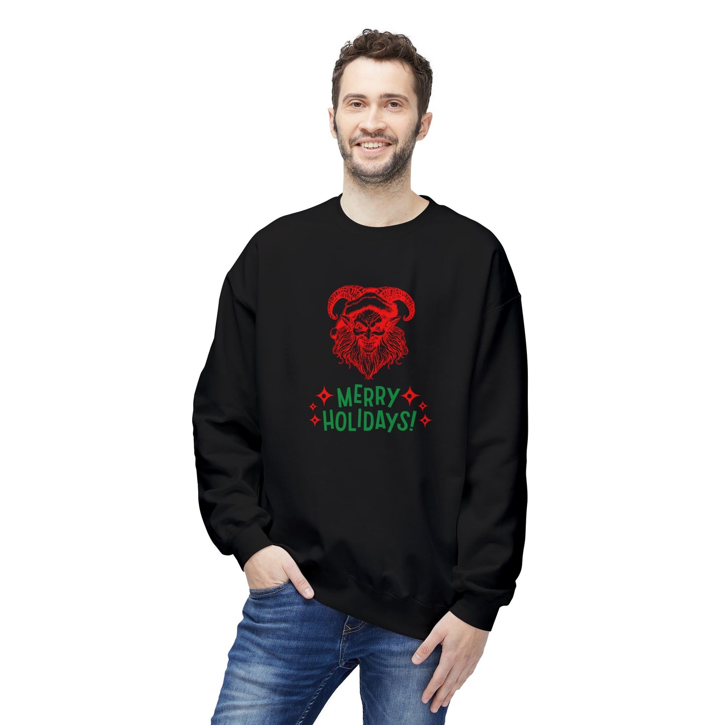 Smiling Krampus "Merry Holidays" Midweight Crewneck Sweatshirt | Cozy Fleece