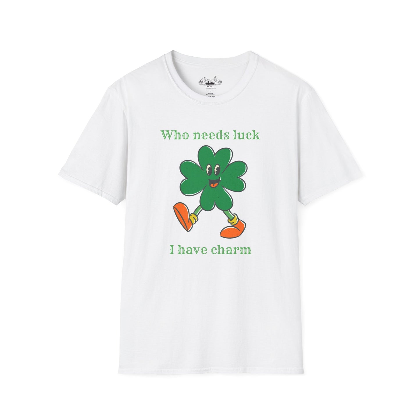 "Who Needs Luck" Graphic Tee – Cheerful Shamrock Character