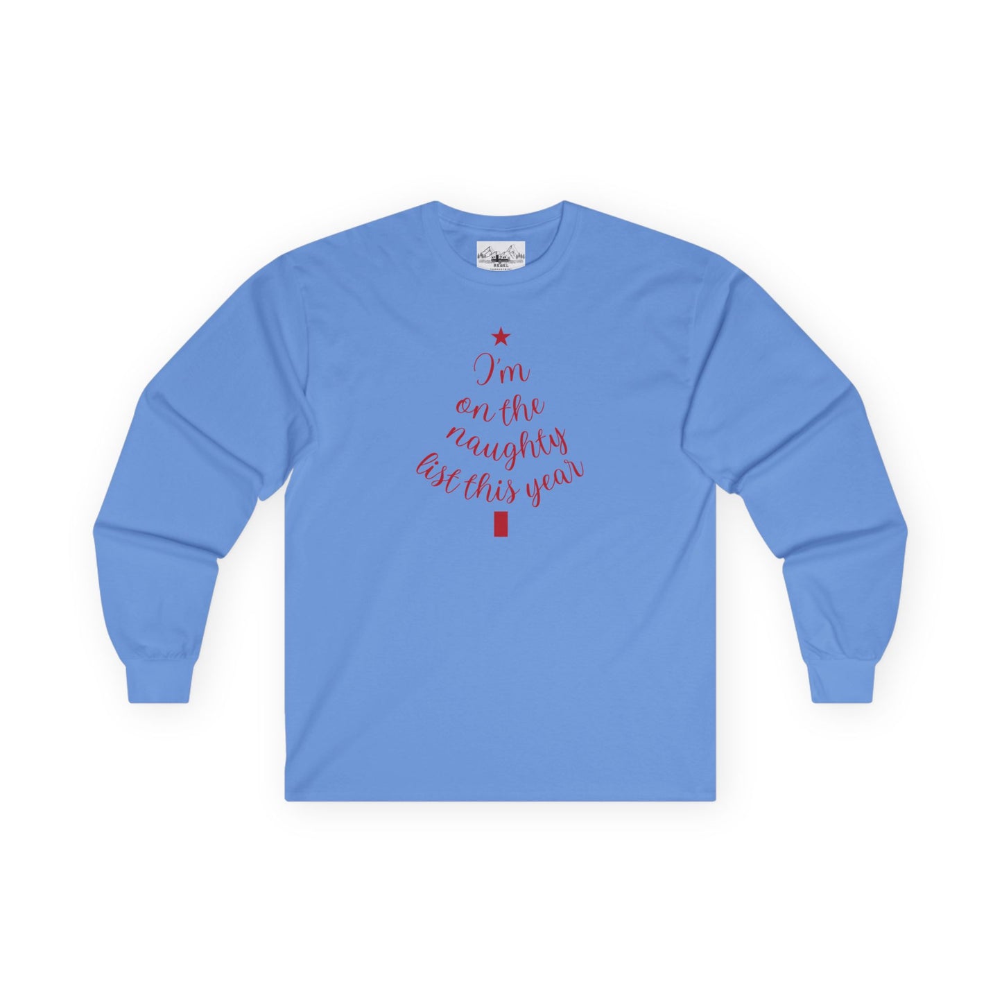 "I'm on the Naughty List This Year" Vintage Long Sleeve Tee | Cozy Tree Script