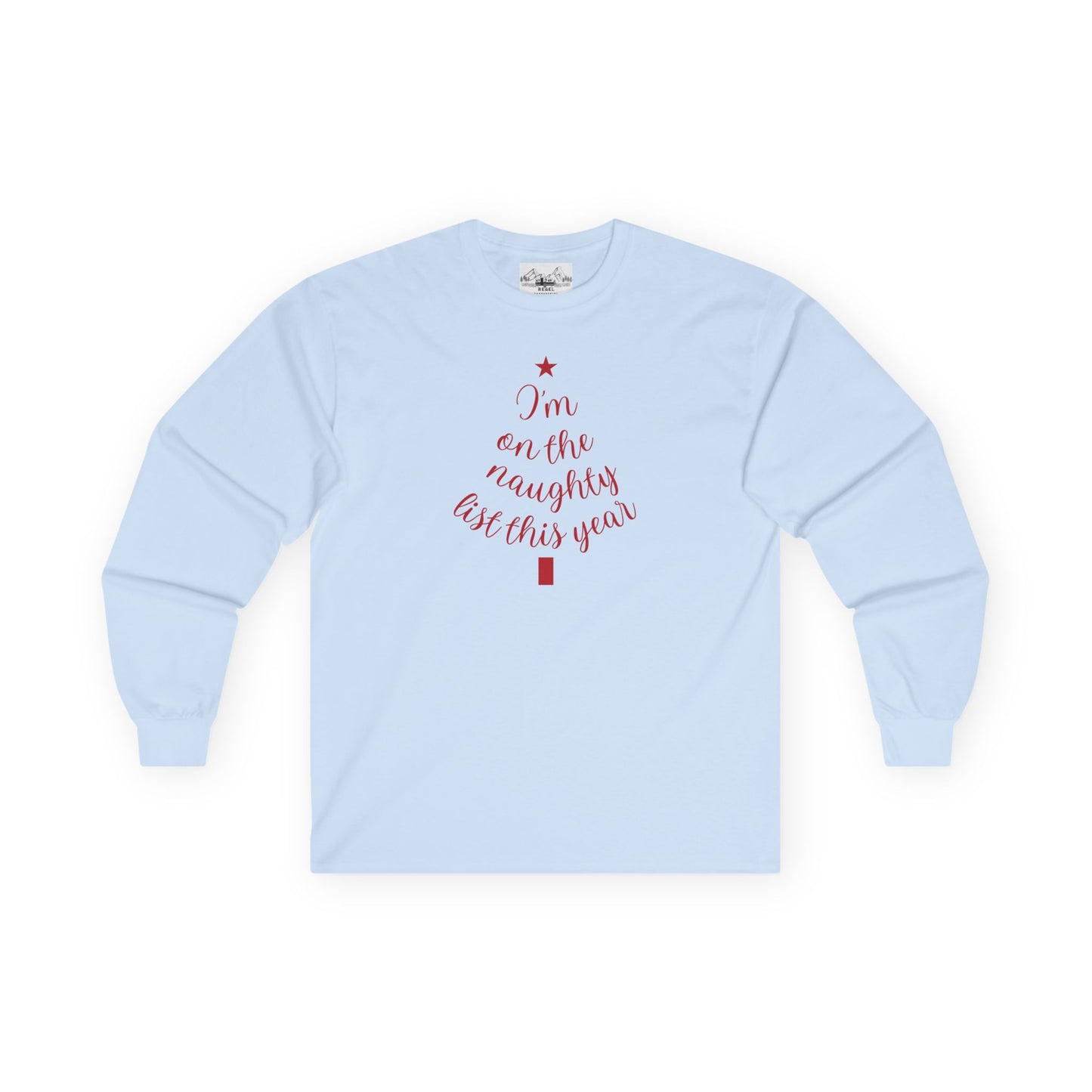 "I'm on the Naughty List This Year" Vintage Long Sleeve Tee | Cozy Tree Script