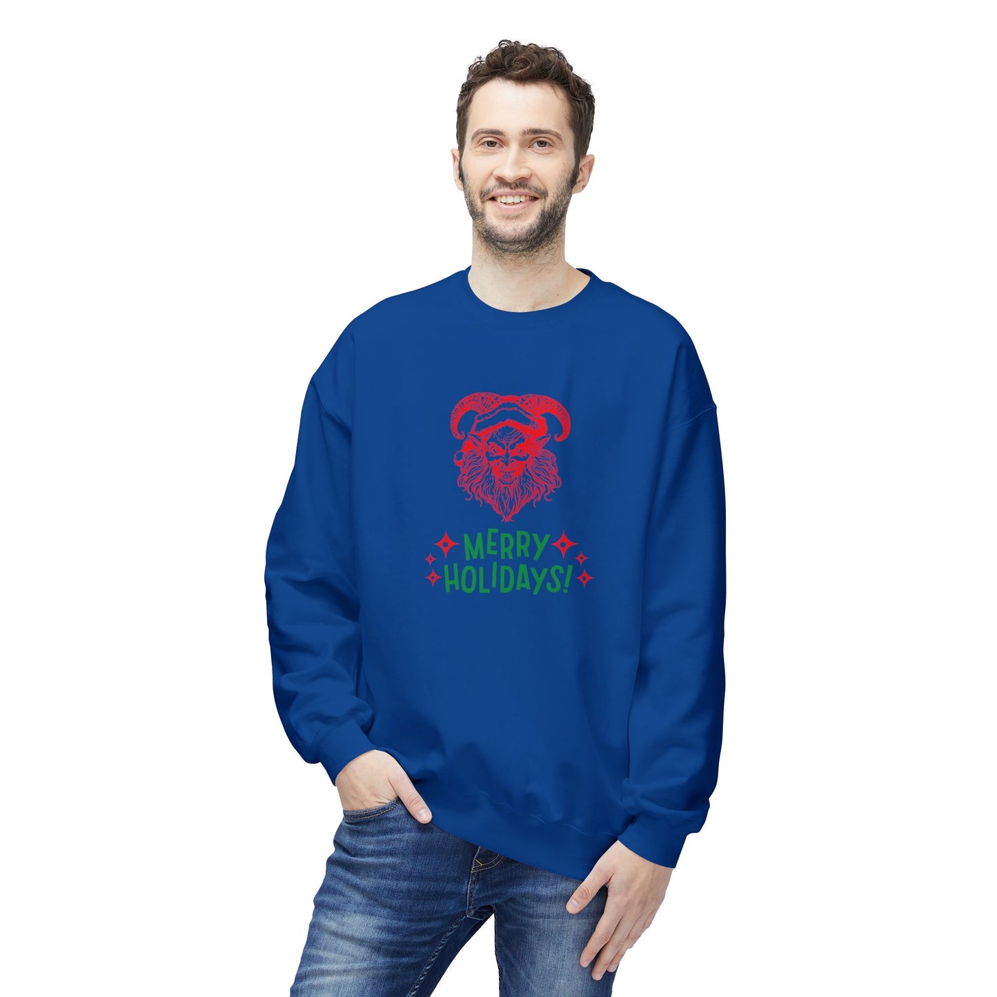 Smiling Krampus "Merry Holidays" Midweight Crewneck Sweatshirt | Cozy Fleece