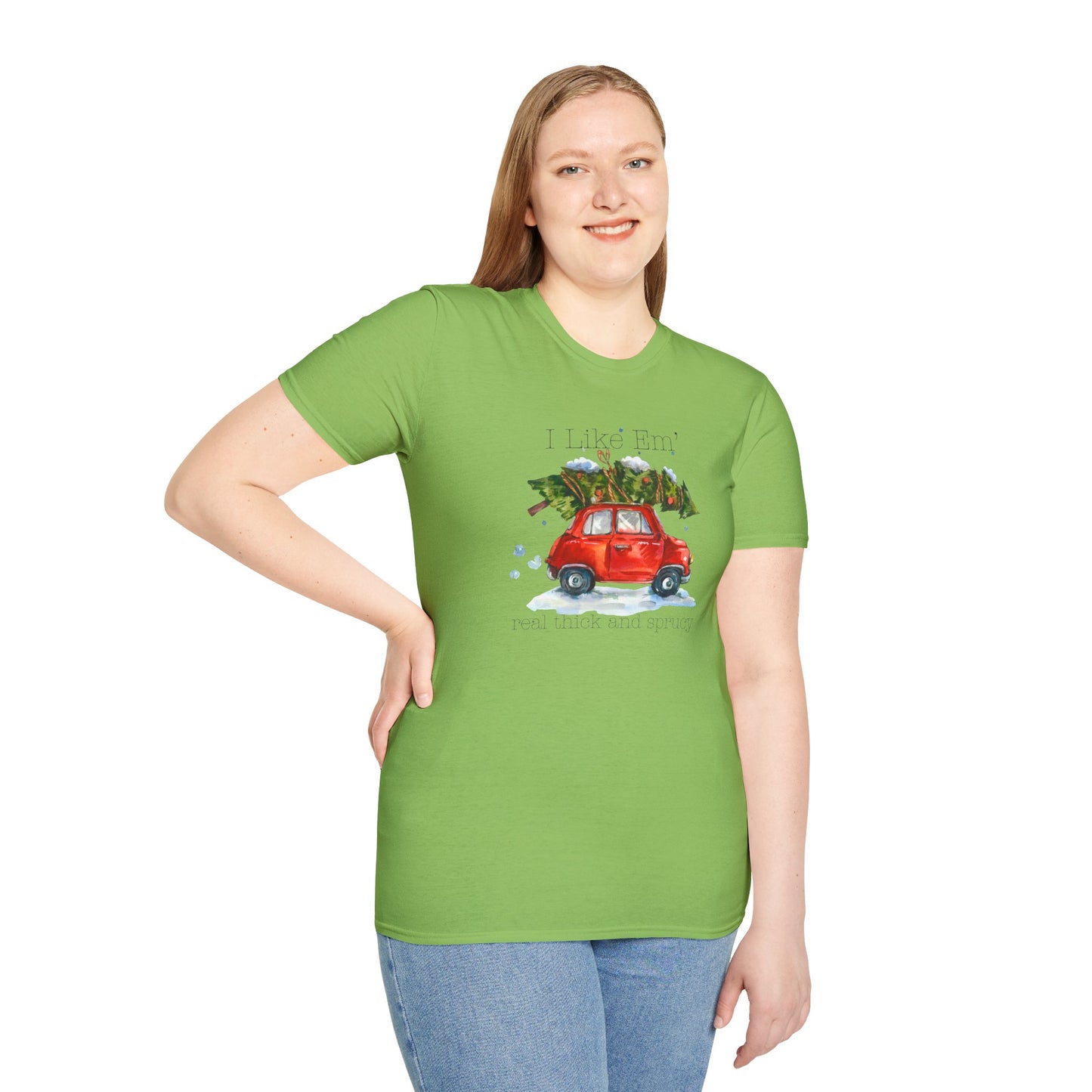 I Like 'Em Real Thick and Sprucy T-Shirt | Watercolor Retro Car & Tree