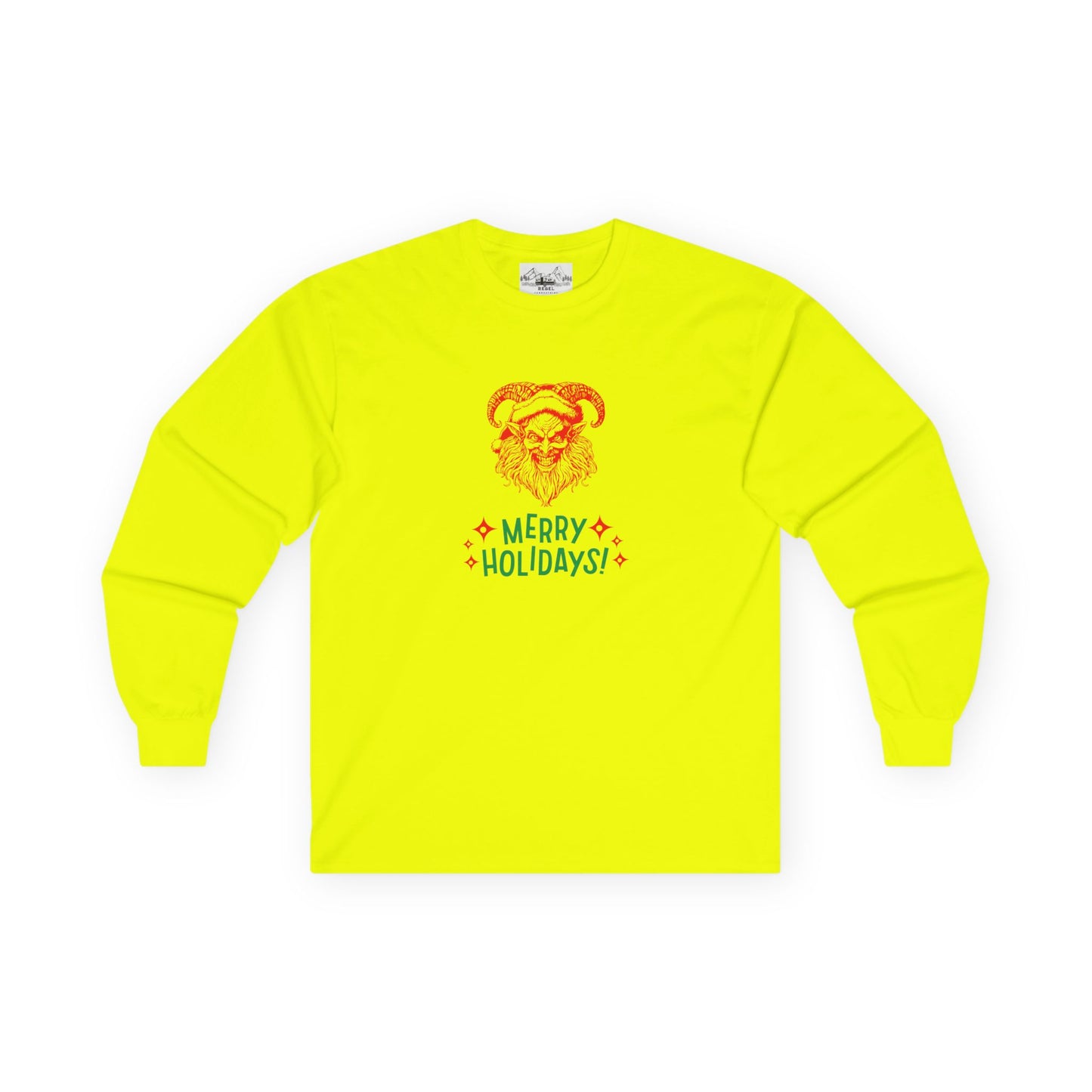 Smiling Krampus "Merry Holidays" Vintage Long Sleeve Tee | Dark Holiday Humor