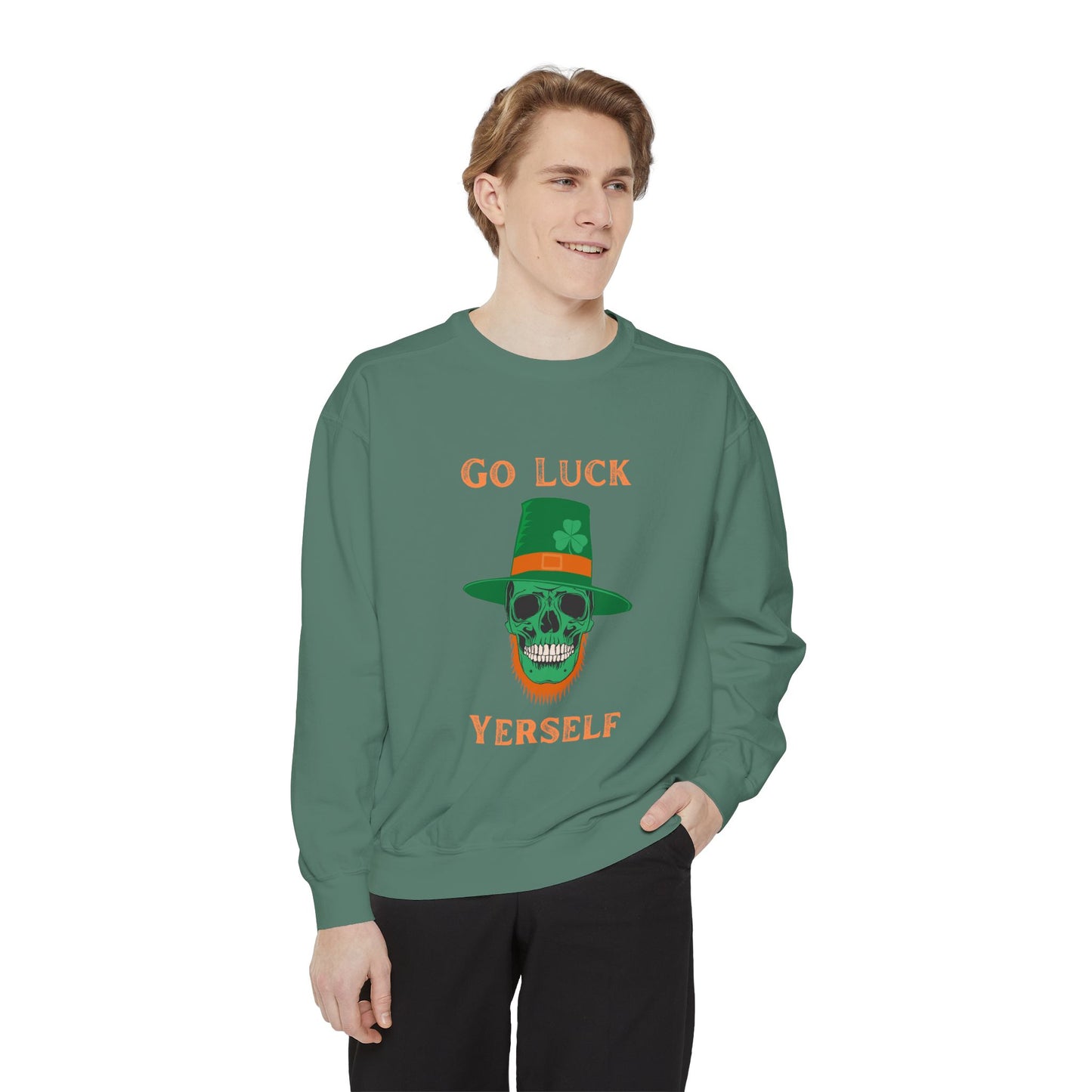 "Go Luck Yerself" Relaxed Fit Sweatshirt – Vintage Emerald Skull