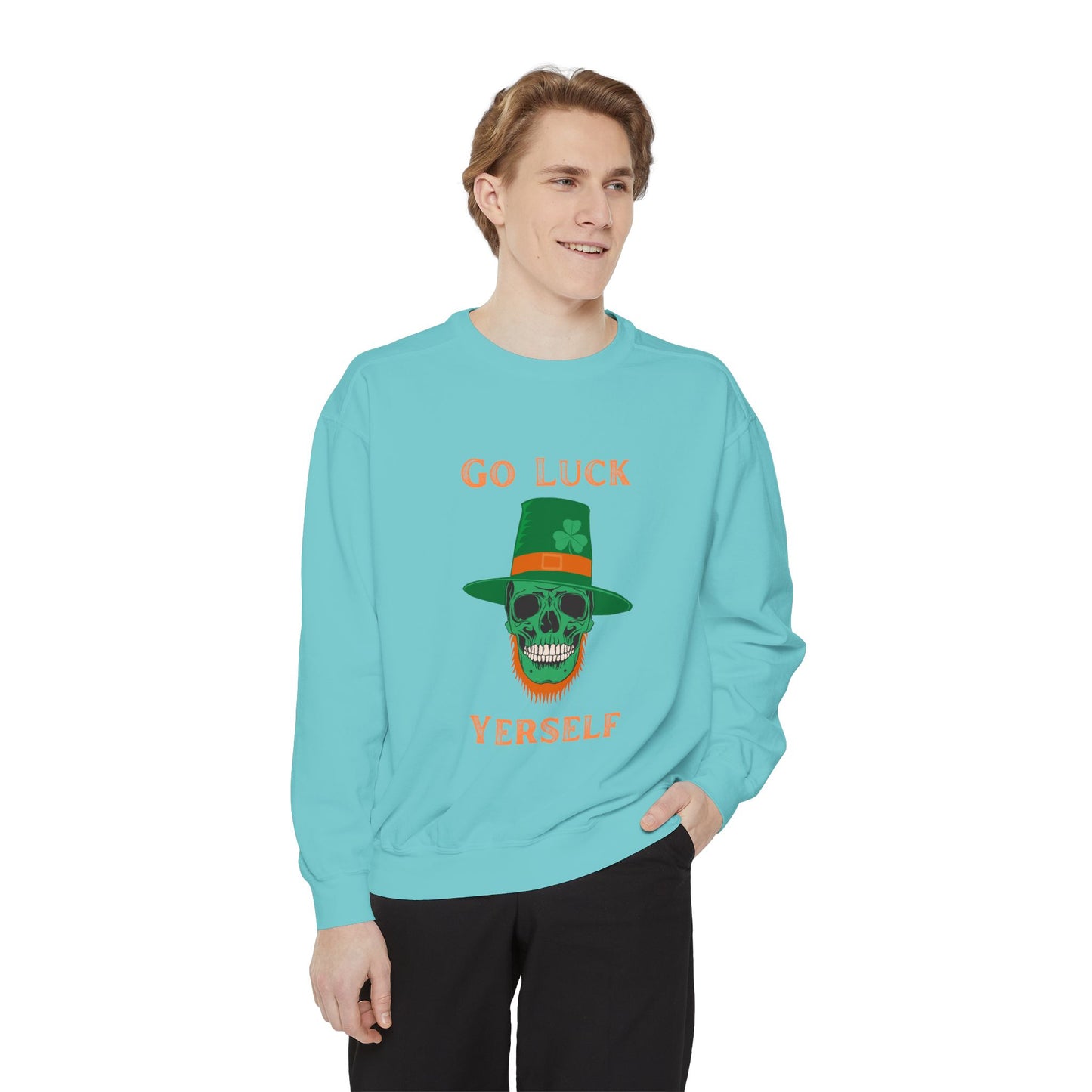 "Go Luck Yerself" Relaxed Fit Sweatshirt – Vintage Emerald Skull