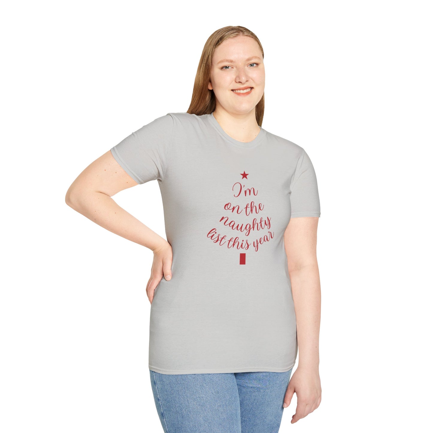 "I'm on the Naughty List This Year" — Subtle Tree-Shaped Script T-Shirt