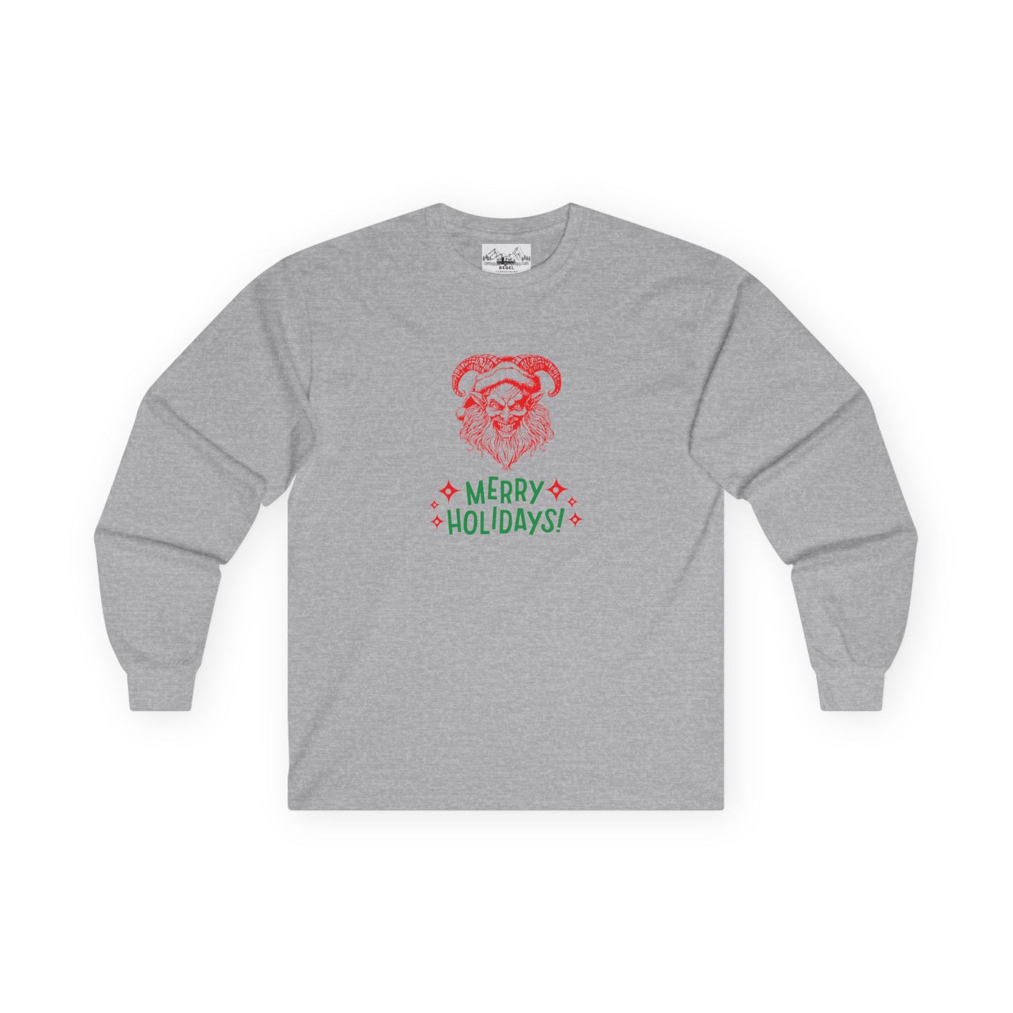 Smiling Krampus "Merry Holidays" Vintage Long Sleeve Tee | Dark Holiday Humor