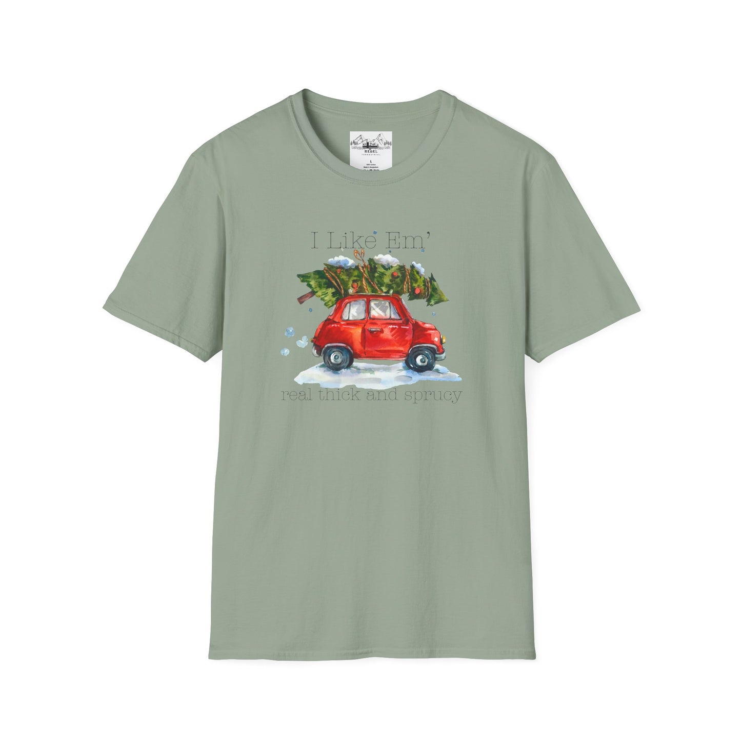 I Like 'Em Real Thick and Sprucy T-Shirt | Watercolor Retro Car & Tree