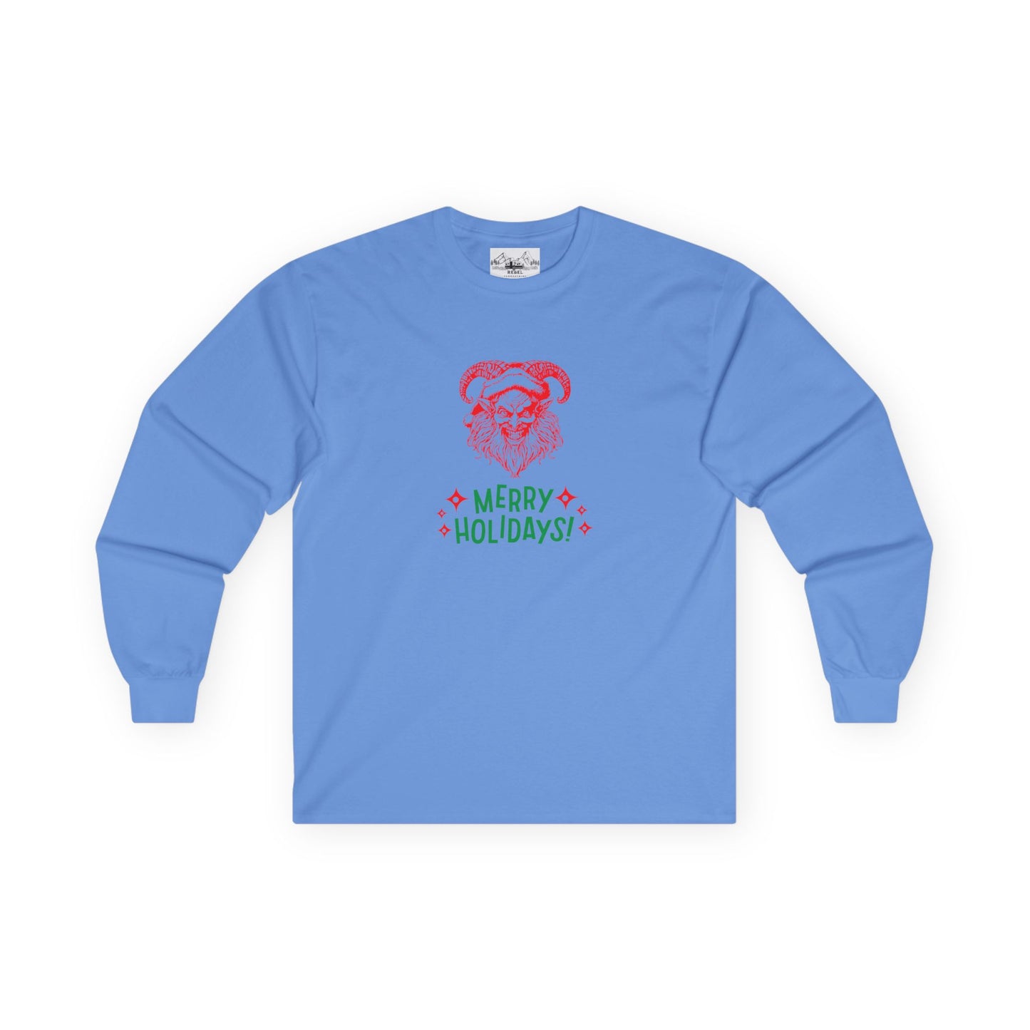 Smiling Krampus "Merry Holidays" Vintage Long Sleeve Tee | Dark Holiday Humor