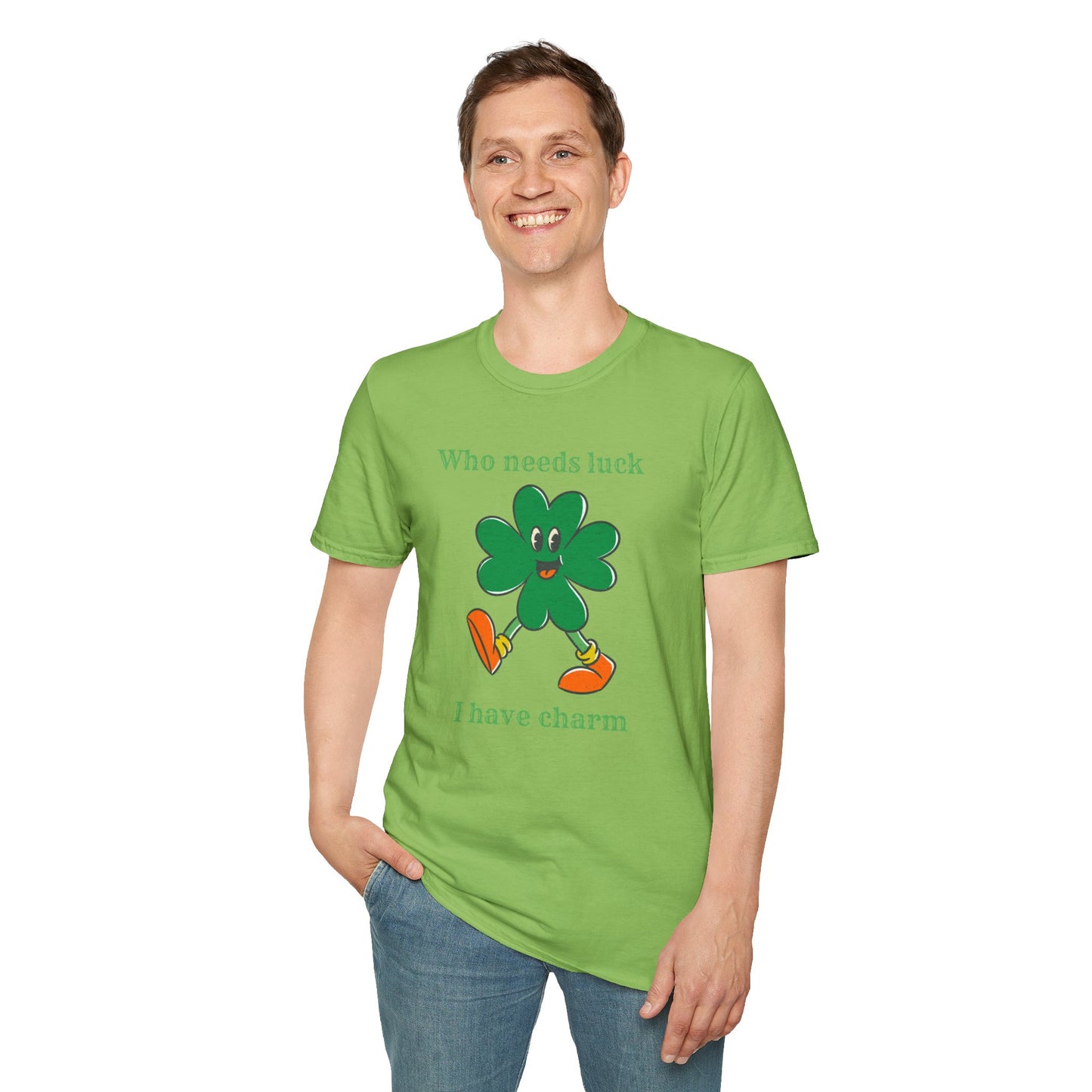 "Who Needs Luck" Graphic Tee – Cheerful Shamrock Character