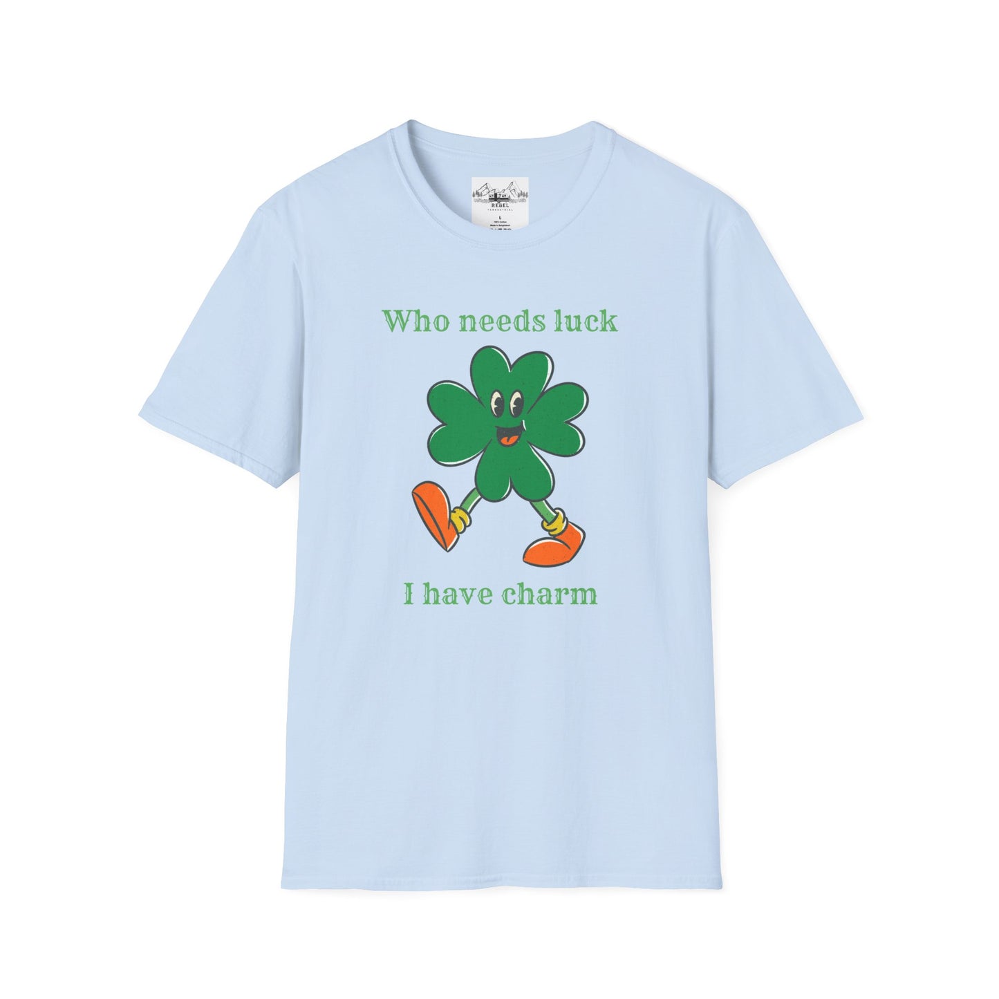 "Who Needs Luck" Graphic Tee – Cheerful Shamrock Character
