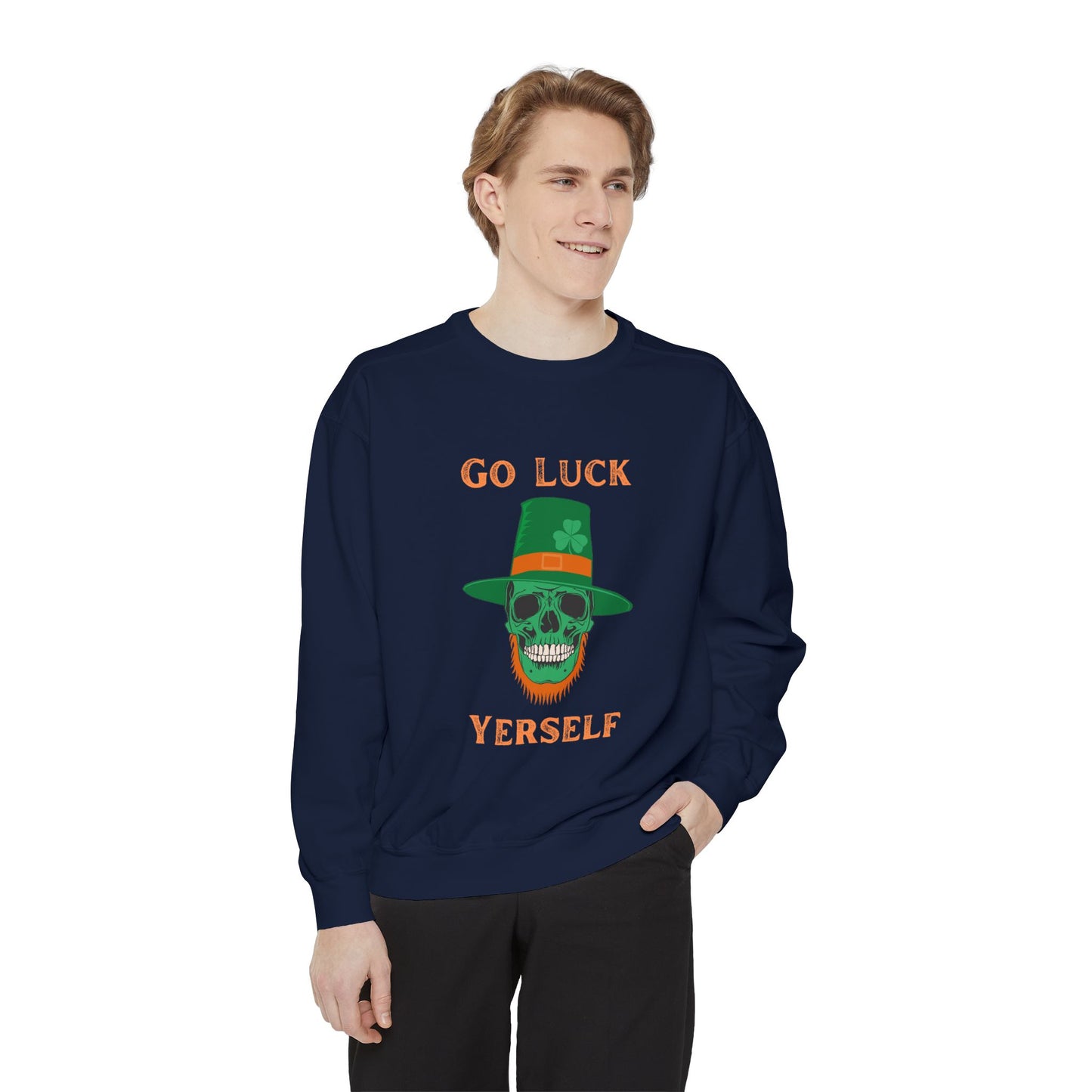 "Go Luck Yerself" Relaxed Fit Sweatshirt – Vintage Emerald Skull