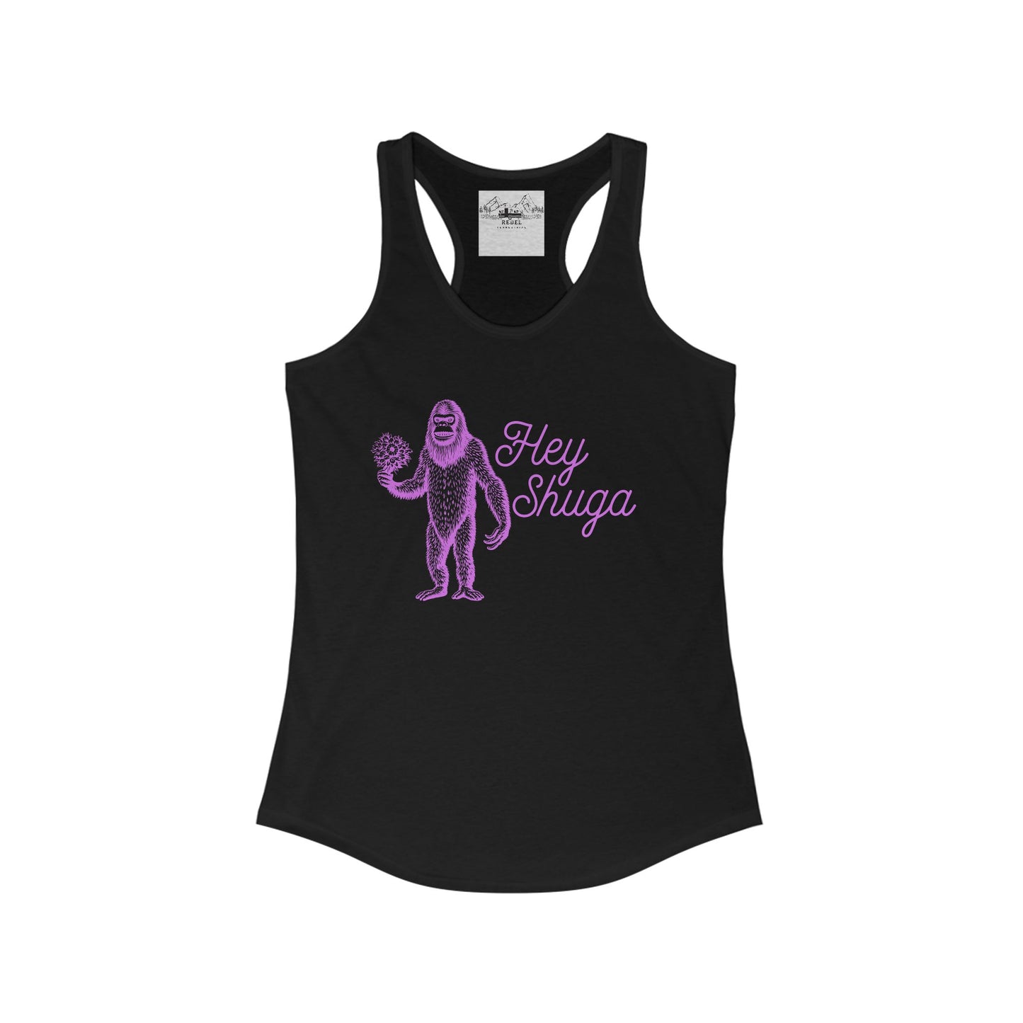 Hey Shuga Women’s Racerback Tank – Bigfoot Holding Flowers in Pink