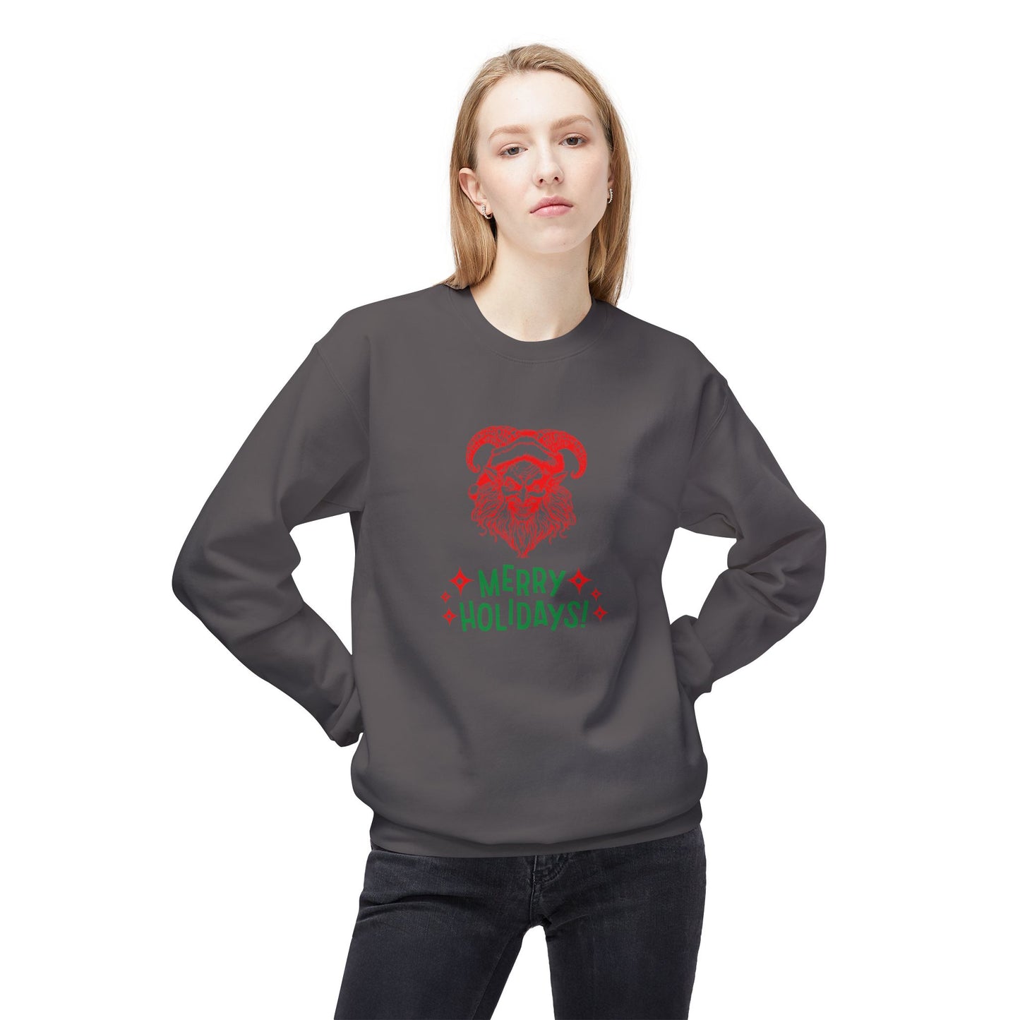 Smiling Krampus "Merry Holidays" Midweight Crewneck Sweatshirt | Cozy Fleece