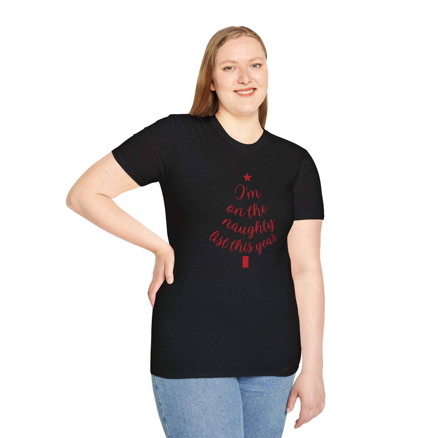 "I'm on the Naughty List This Year" — Subtle Tree-Shaped Script T-Shirt