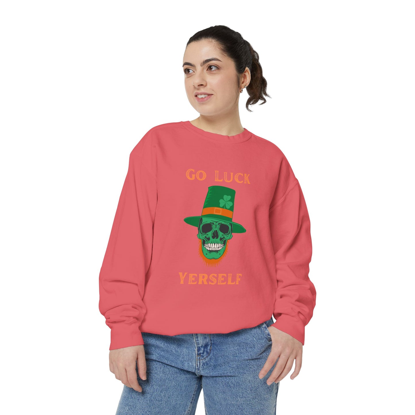 "Go Luck Yerself" Relaxed Fit Sweatshirt – Vintage Emerald Skull
