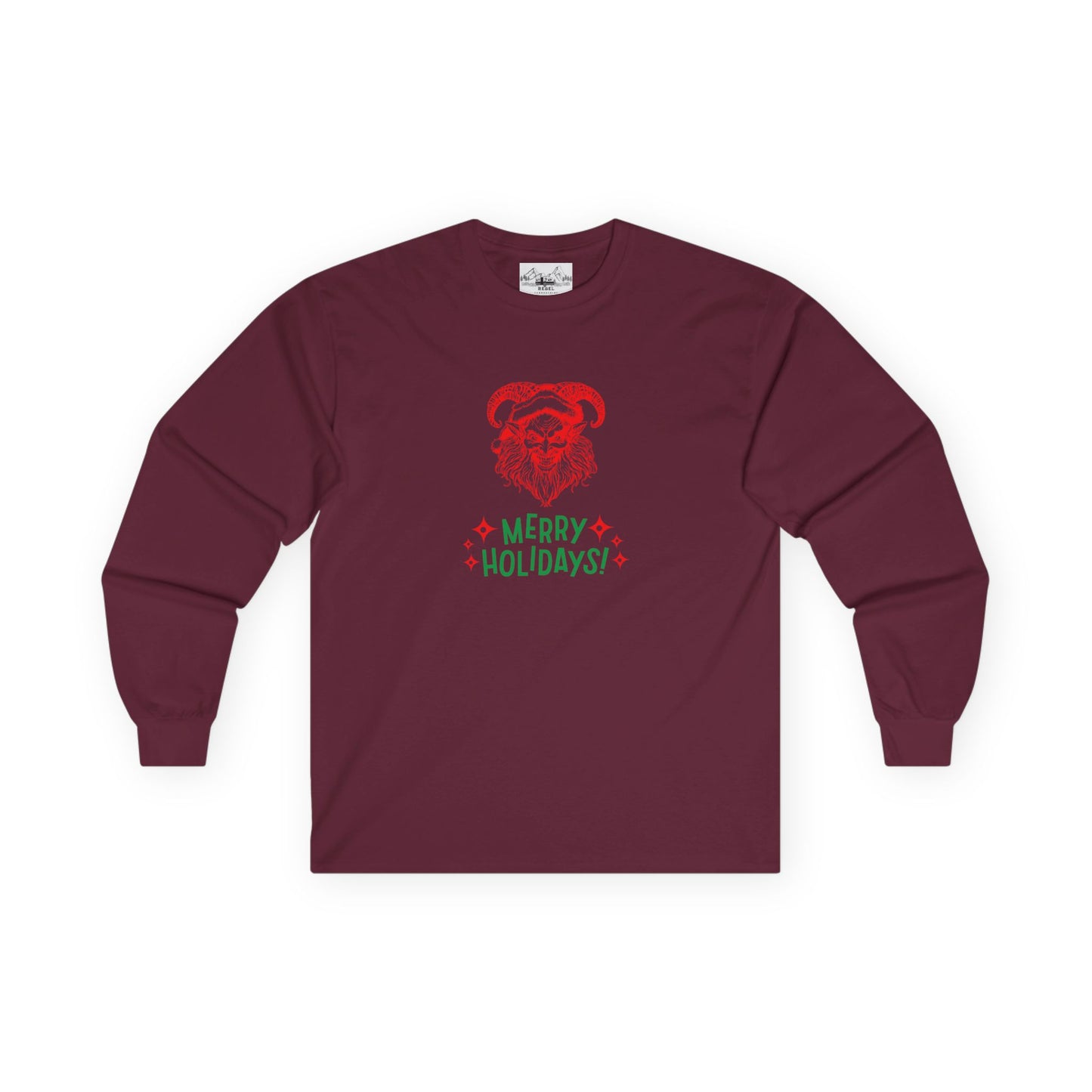 Smiling Krampus "Merry Holidays" Vintage Long Sleeve Tee | Dark Holiday Humor