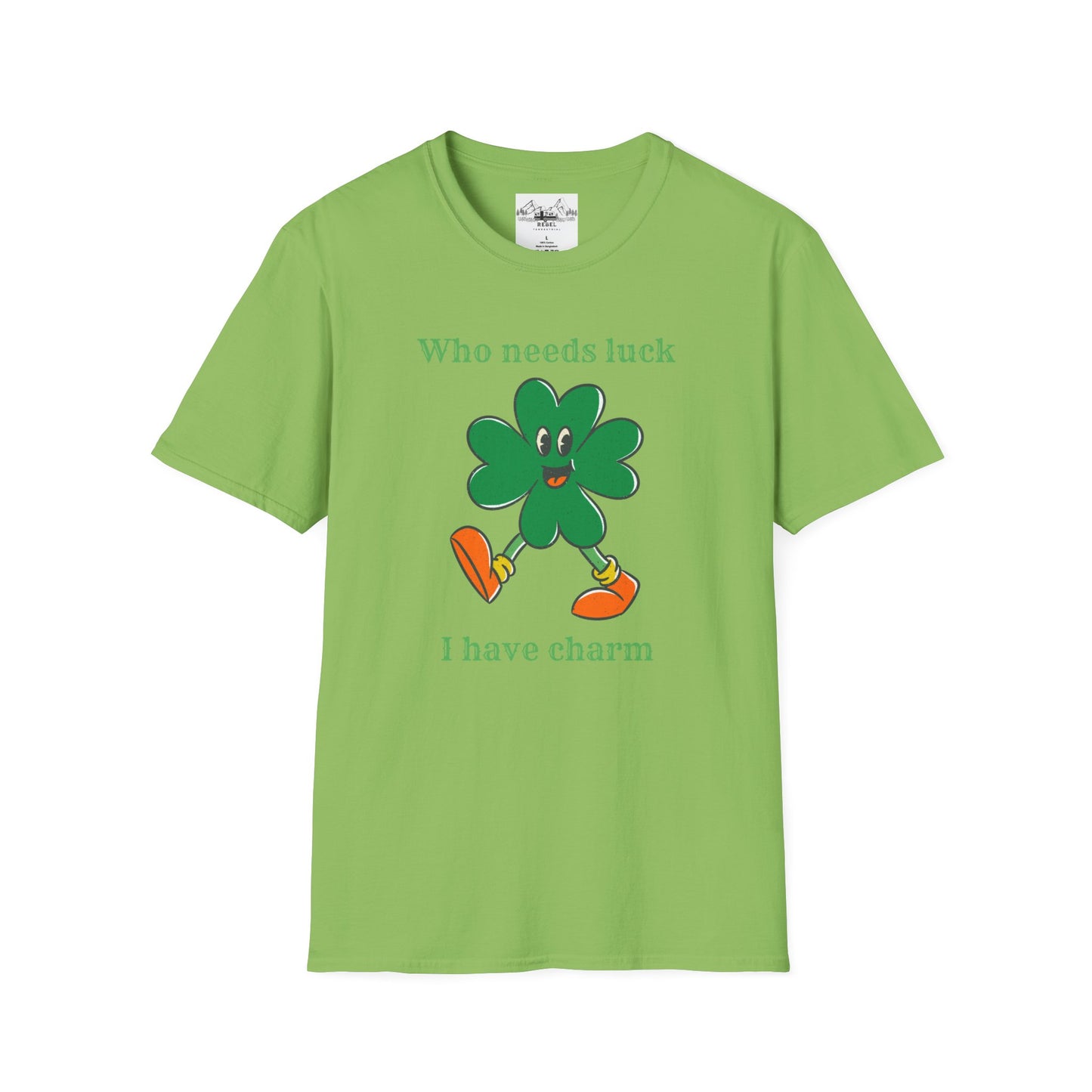 "Who Needs Luck" Graphic Tee – Cheerful Shamrock Character