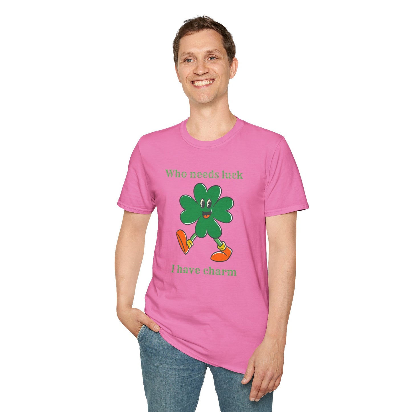 "Who Needs Luck" Graphic Tee – Cheerful Shamrock Character