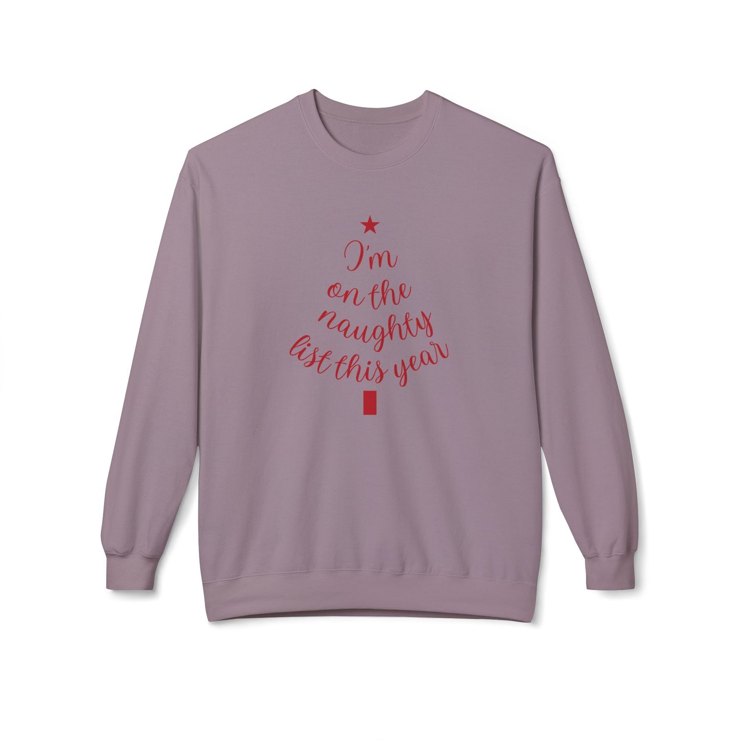 "Naughty List This Year" — Minimalist Tree Script Cozy Crewneck Sweatshirt