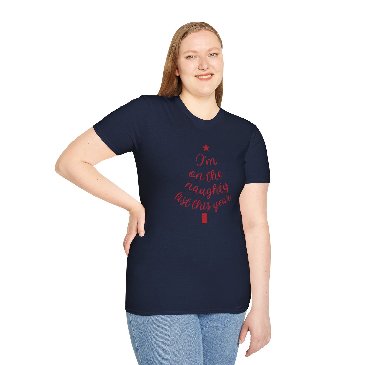 "I'm on the Naughty List This Year" — Subtle Tree-Shaped Script T-Shirt