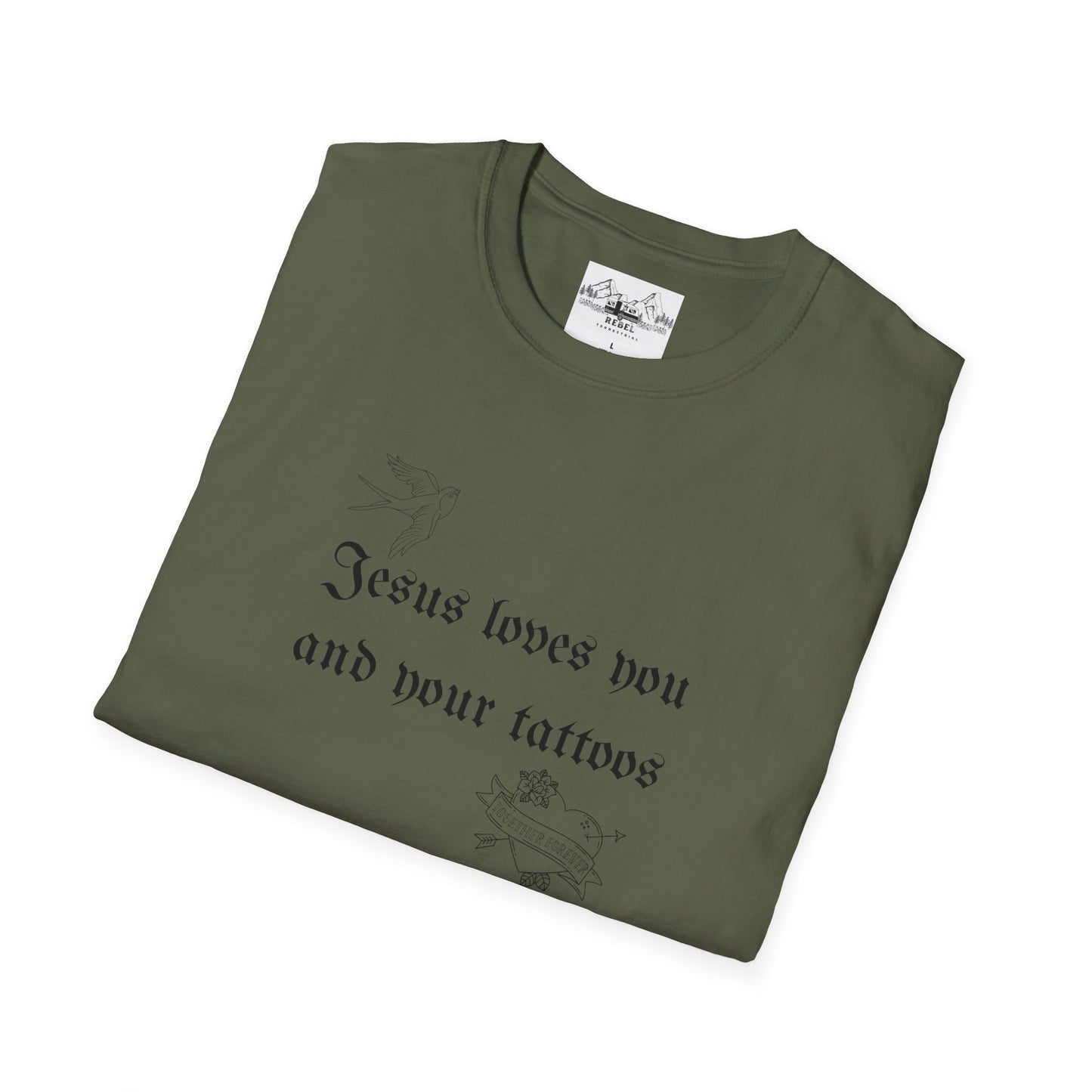 Jesus Loves You and Your Tattoos – Tattoo Dove & Heart T-Shirt