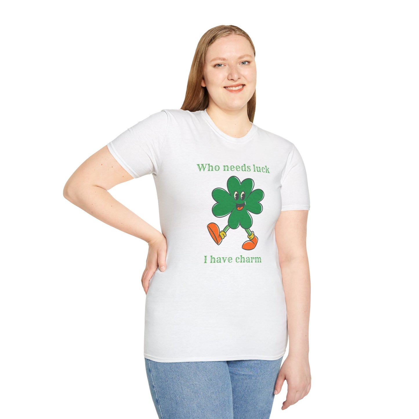 "Who Needs Luck" Graphic Tee – Cheerful Shamrock Character