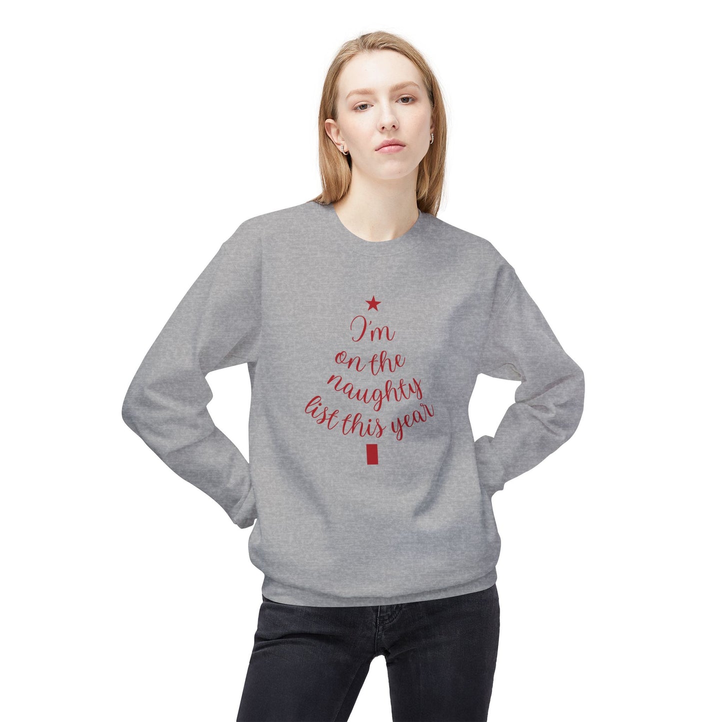 "Naughty List This Year" — Minimalist Tree Script Cozy Crewneck Sweatshirt