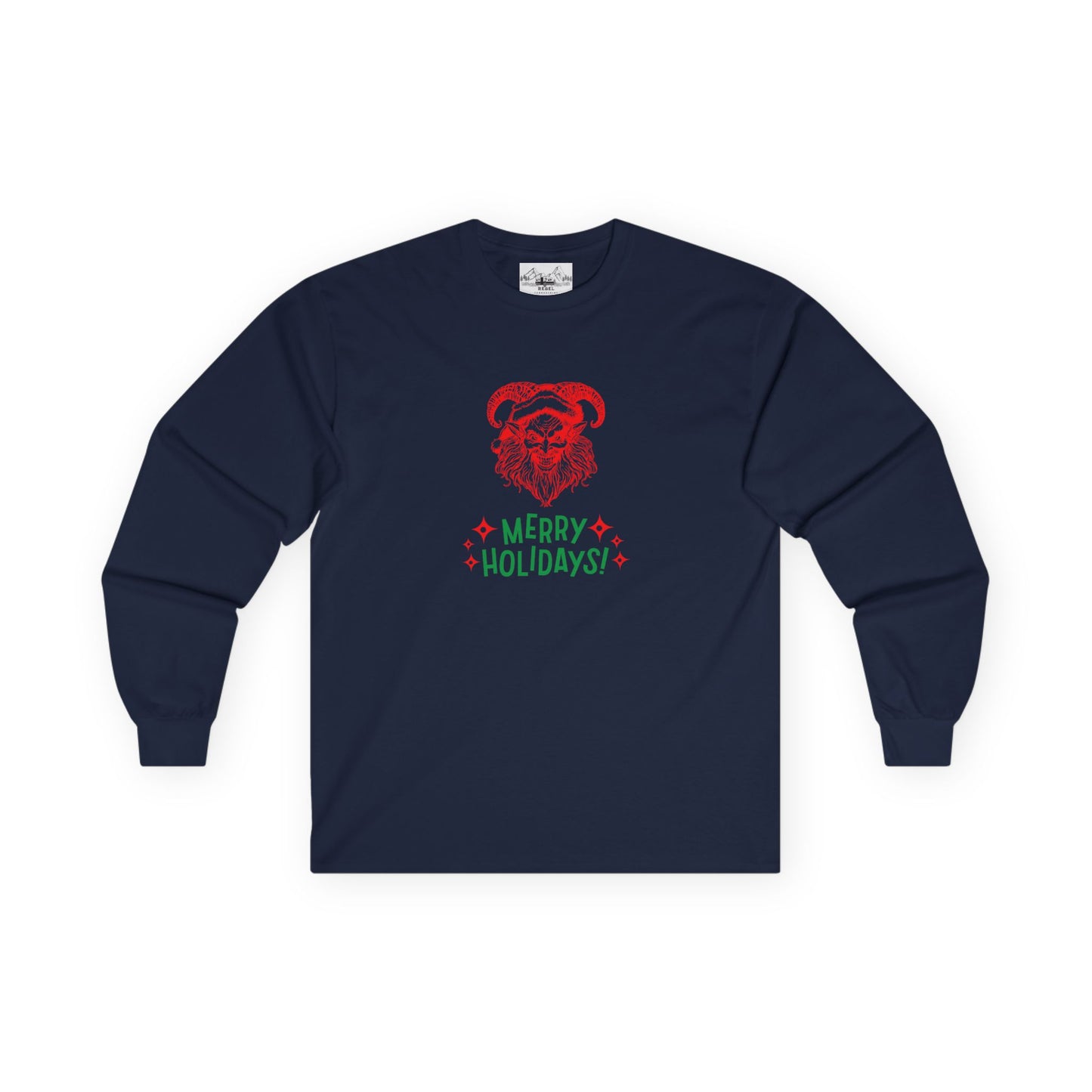 Smiling Krampus "Merry Holidays" Vintage Long Sleeve Tee | Dark Holiday Humor