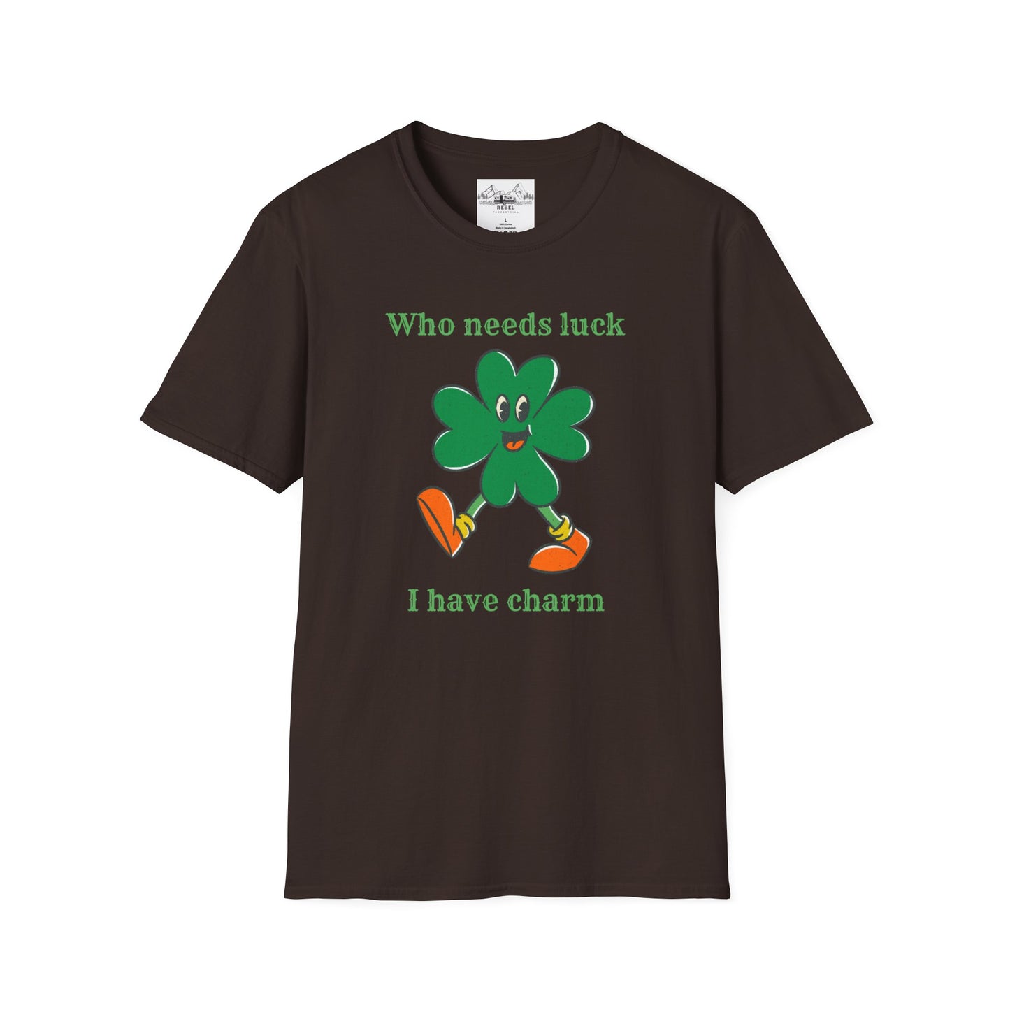 "Who Needs Luck" Graphic Tee – Cheerful Shamrock Character