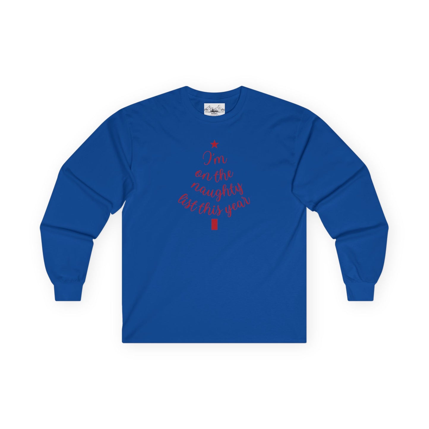 "I'm on the Naughty List This Year" Vintage Long Sleeve Tee | Cozy Tree Script