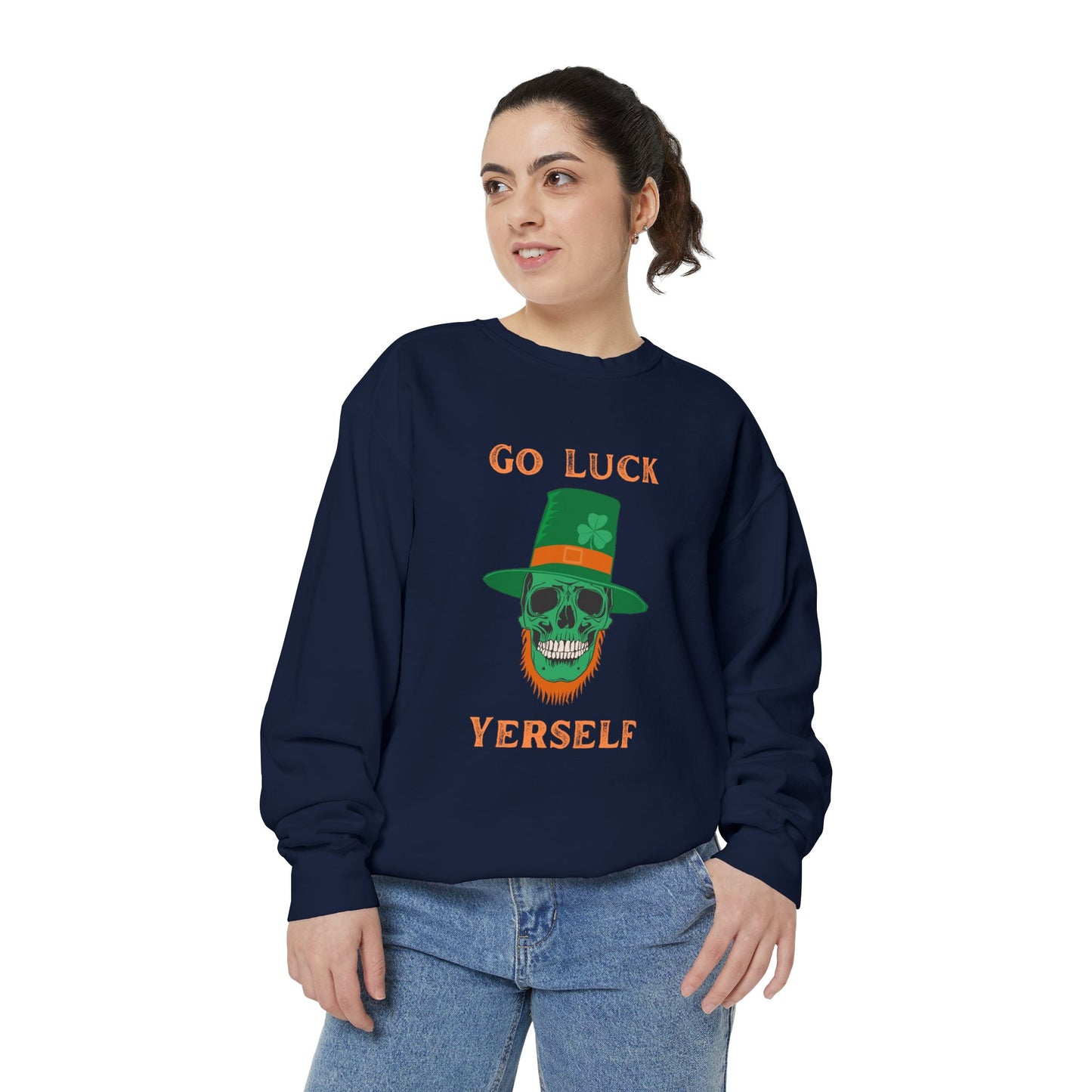 "Go Luck Yerself" Relaxed Fit Sweatshirt – Vintage Emerald Skull