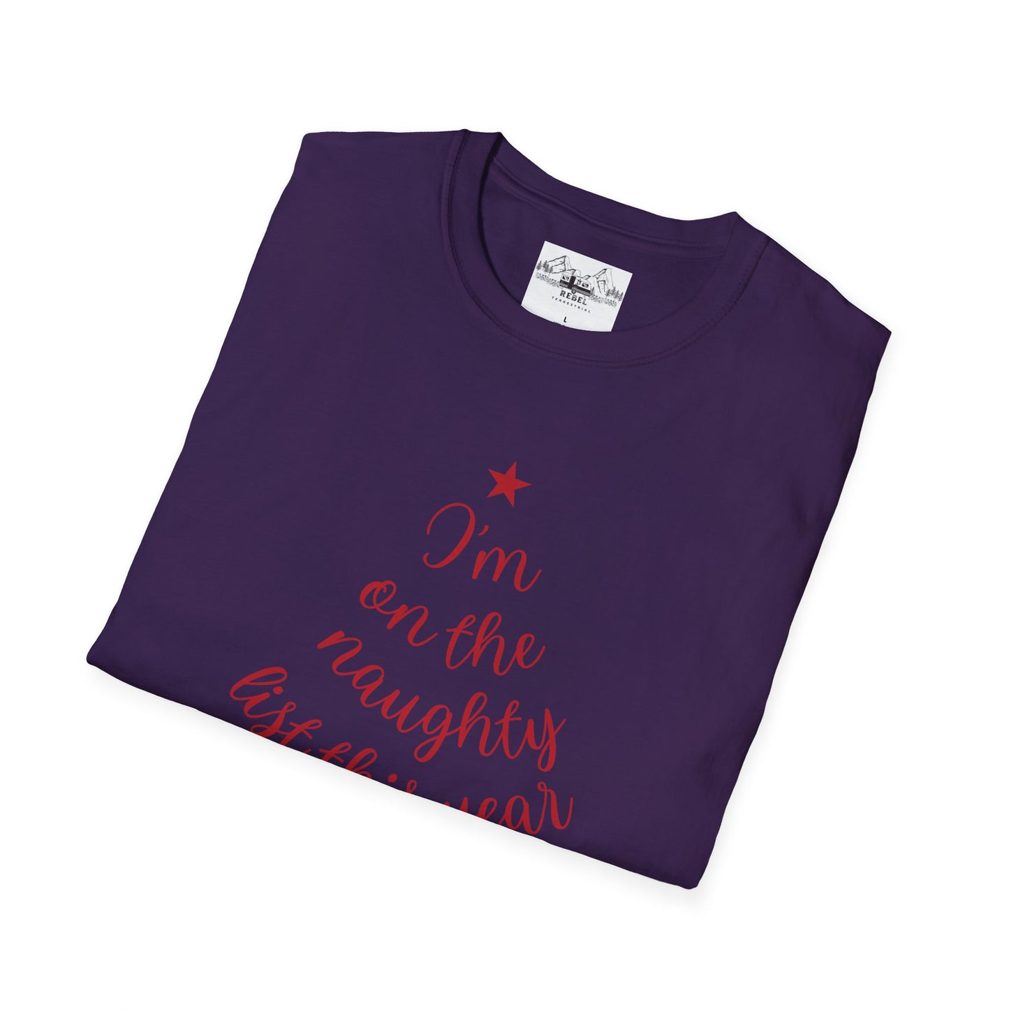 "I'm on the Naughty List This Year" — Subtle Tree-Shaped Script T-Shirt