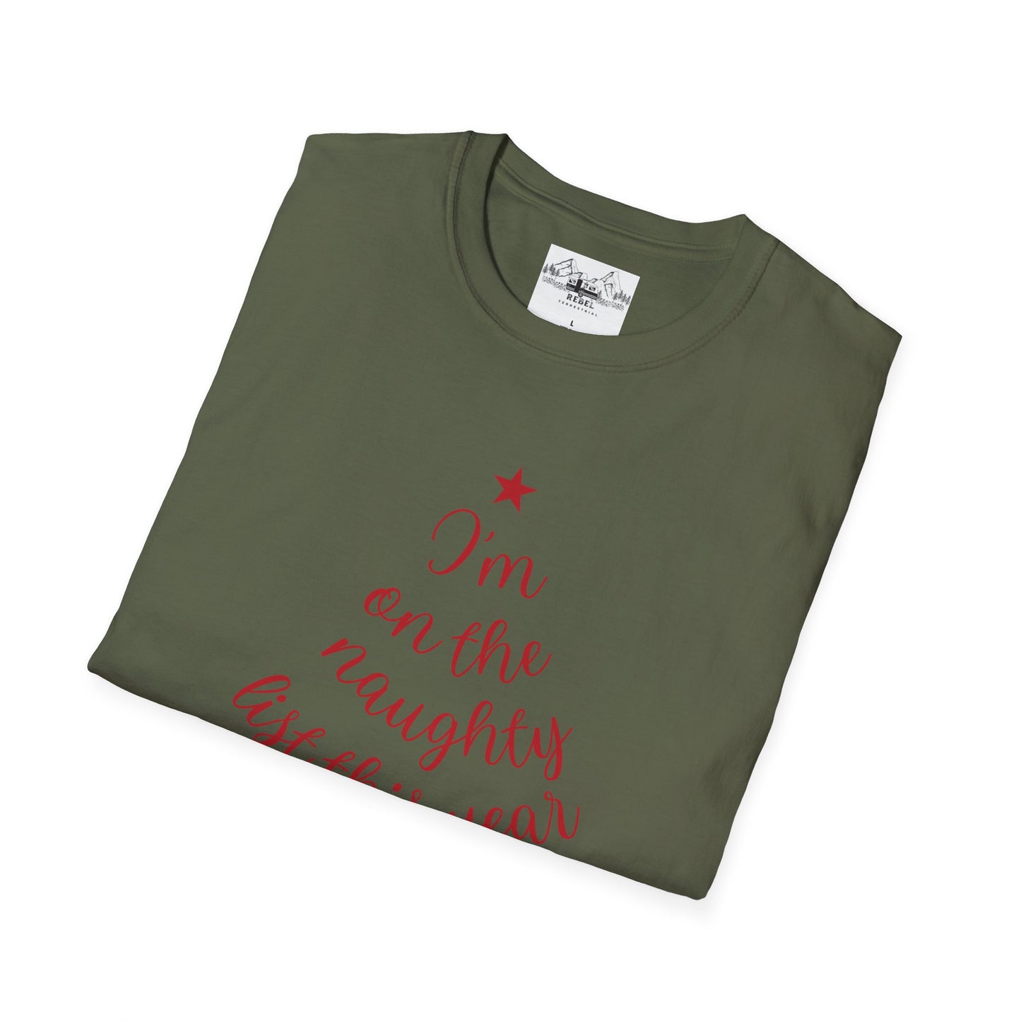 "I'm on the Naughty List This Year" — Subtle Tree-Shaped Script T-Shirt