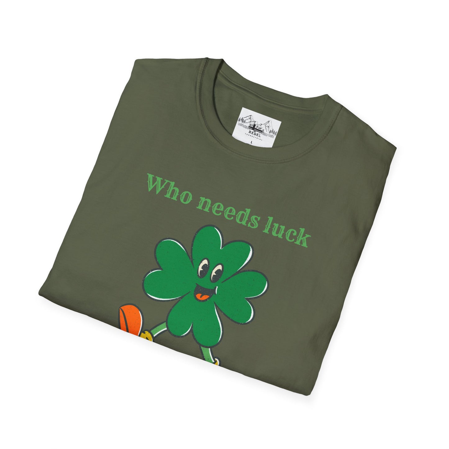 "Who Needs Luck" Graphic Tee – Cheerful Shamrock Character